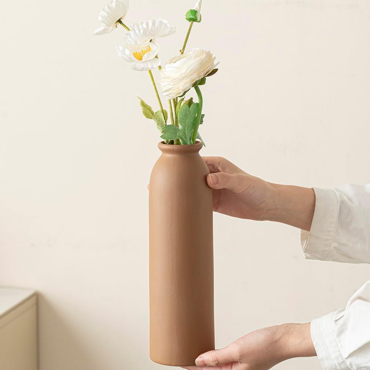 10.4 inches Tall Decorative Ceramic Vase Set, 3 Pieces, Nordic Modern Boho Style, White, Modern Farmhouse for Home Decor (Coffee Mix) - Image 4