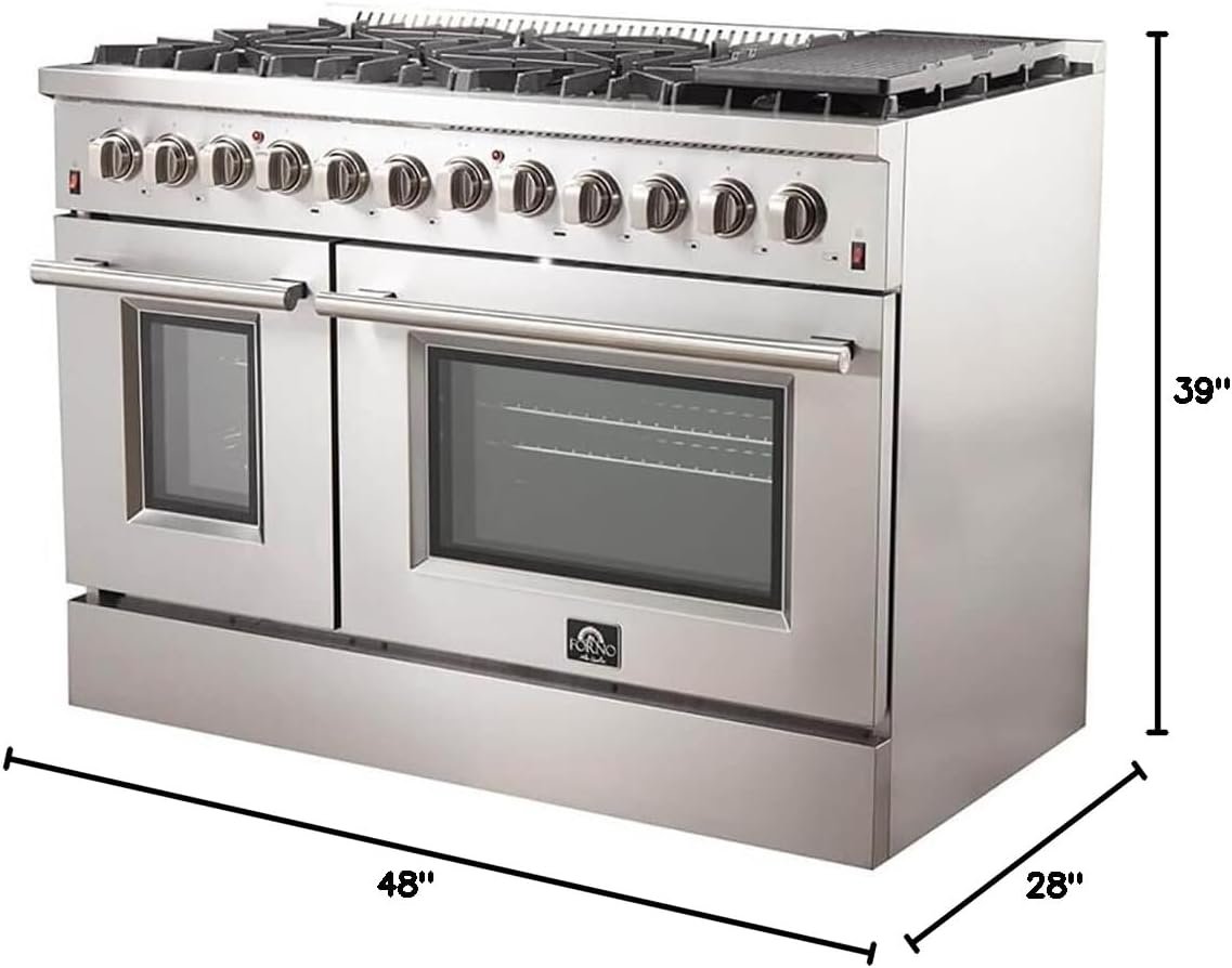 FORNO Galiano Dual Fuel 48" Inch. Freestanding Range 8 Sealed Brass Burners Cooktop - 6.58 Cu. Ft. Double Convection Electric Oven - Stainless Steel Stove Range Heavy Duty Cast Iron Grates - Image 9