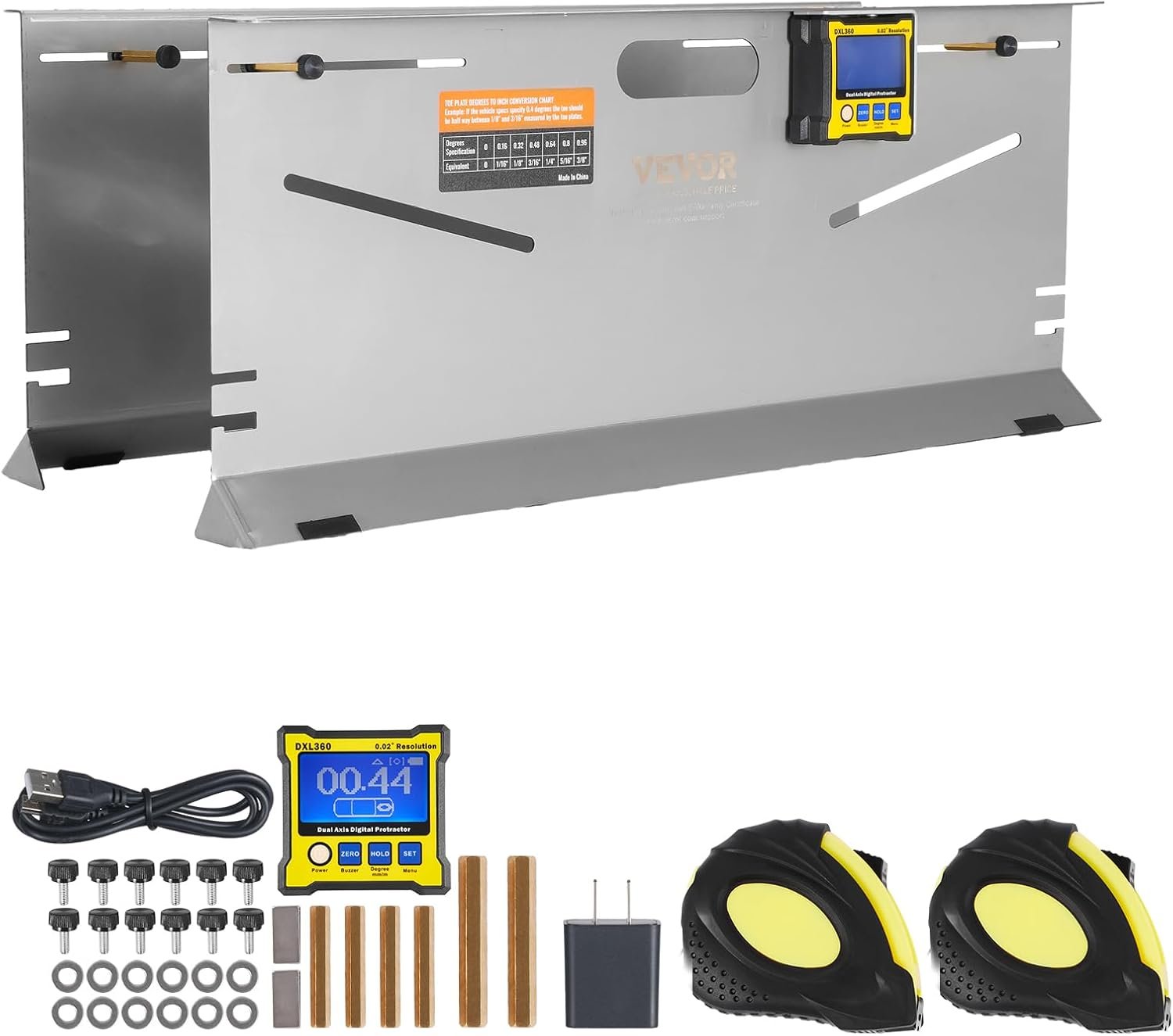 VEVOR Wheel Alignment Tool, 2-Pack Toe Plates, Camber/Caster/Toe Gauge 0.1° Accuracy, Stainless Steel Tool Plate, Magnetic Slots and 6 Alignment Rods, Includes 2 Measuring Tapes & Conversion Chart - Image 9