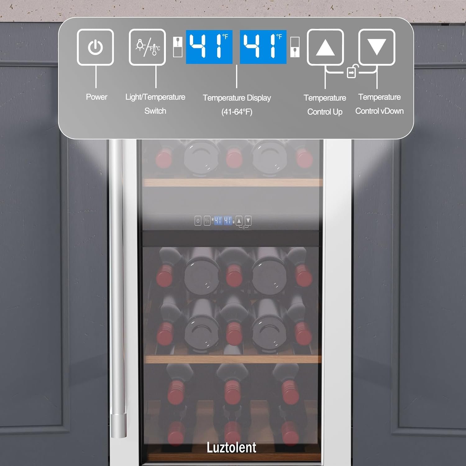 26 Bottles Wine Cellar, 15 Inch Compressor Wine Cooler with Dual Zone, Built-in or Under Counter, 41-64°F Digital Touchscreen, Triple-Layer Glass, Wine Fridge in Cabinet - Image 3