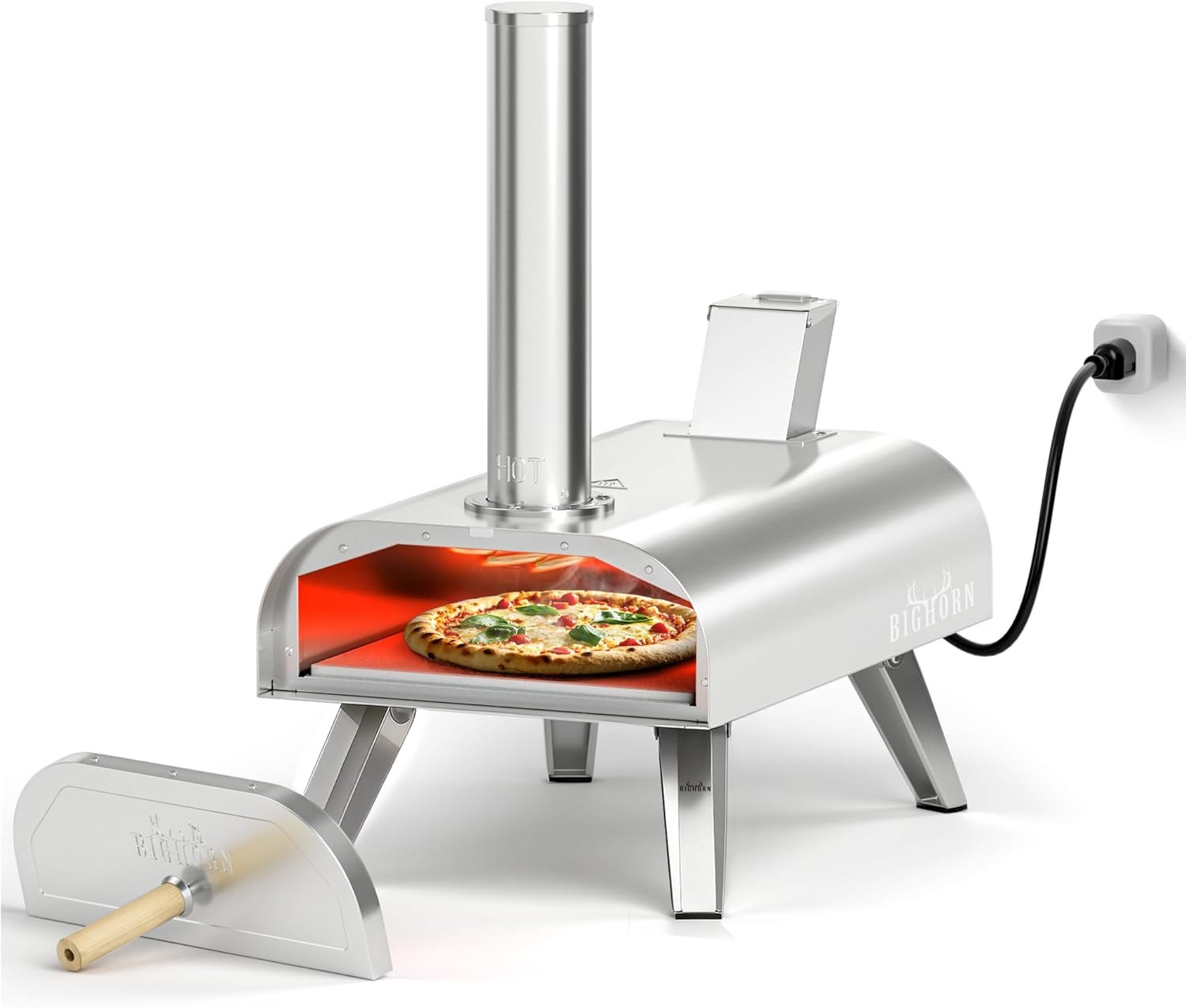 BIG HORN OUTDOORS 12" Dual Fuel Pizza Oven – Electric & Wood Pellet, Indoor & Outdoor High-Temp Pizza Maker (1000°F) with Pizza Stone for Wood-Fired Flavor