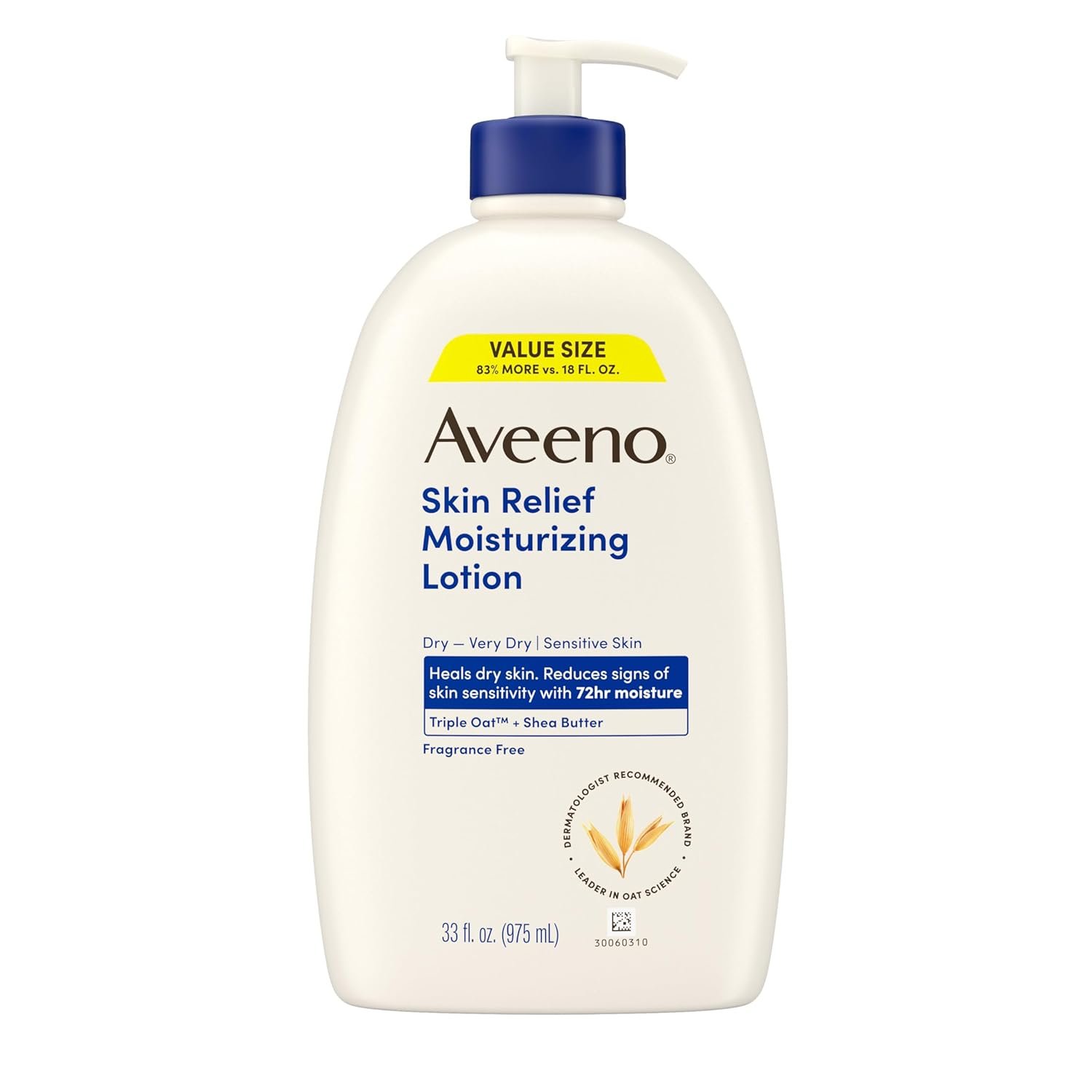 Aveeno Skin Relief Moisturizing Lotion Heals Very Dry, Sensitive Skin, Fast-Absorbing Body Lotion with Triple Oat & Shea Butter, Fragrance Free, Non-Comedogenic, Value Size, 33 fl. oz