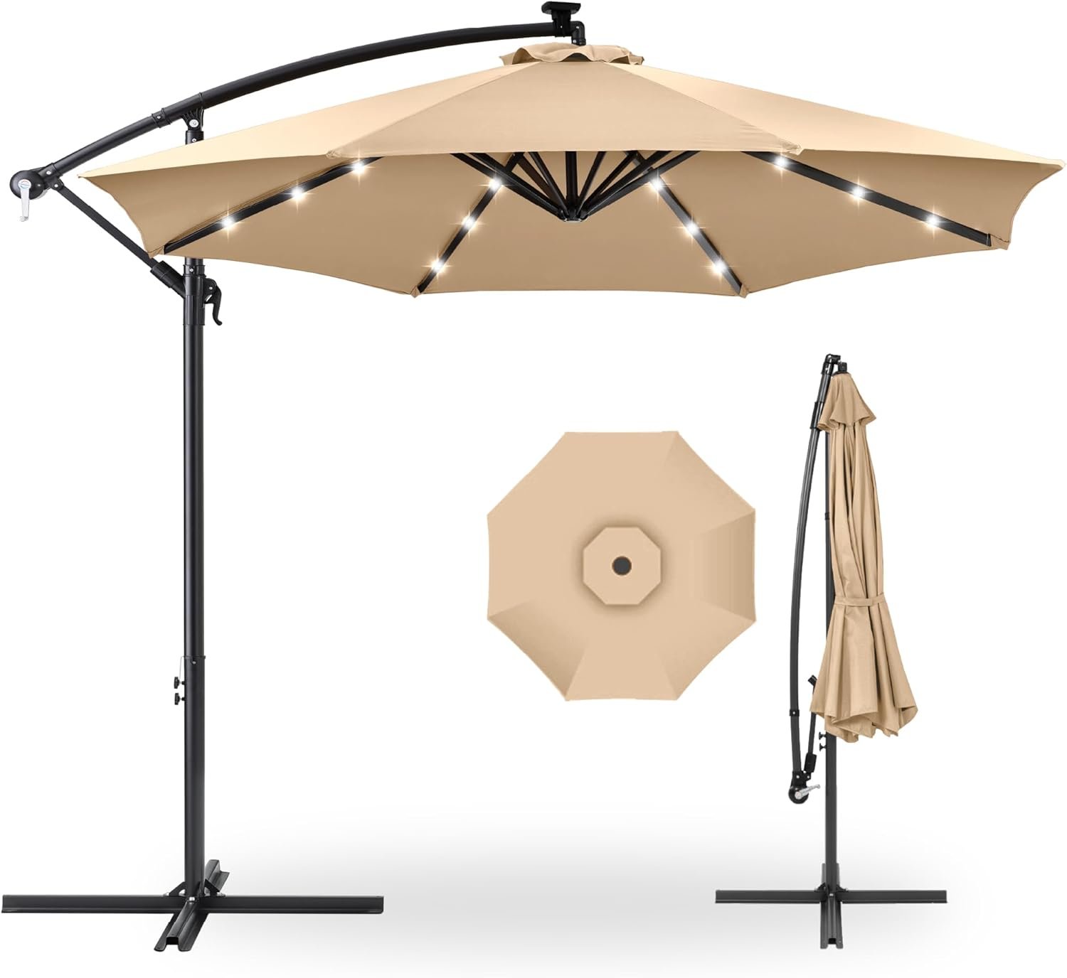 Best Choice Products 10ft Solar LED Offset Cantilever Hanging Market Patio Umbrella, 8 Sturdy Ribs, Easy Adjustment - Sand