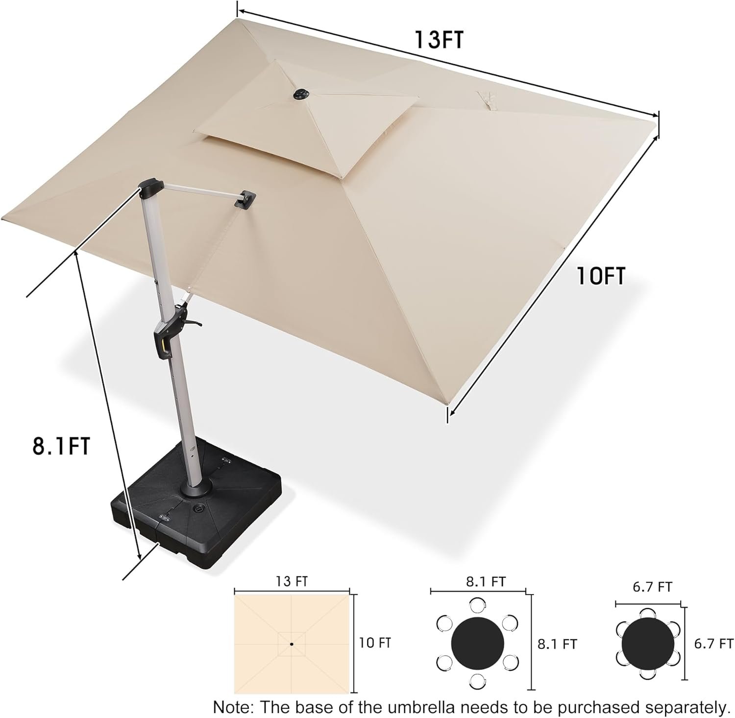 PURPLE LEAF 10' X 13' Patio Umbrella Outdoor Rectangle Umbrella Large Cantilever Umbrella Windproof Offset Heavy Duty Sun for Garden Deck Pool Patio, Beige - Image 9