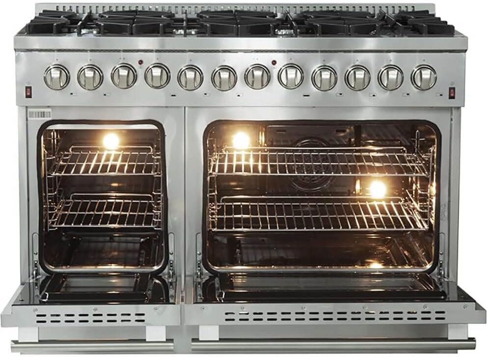 FORNO Galiano Dual Fuel 48" Inch. Freestanding Range 8 Sealed Brass Burners Cooktop - 6.58 Cu. Ft. Double Convection Electric Oven - Stainless Steel Stove Range Heavy Duty Cast Iron Grates - Image 3