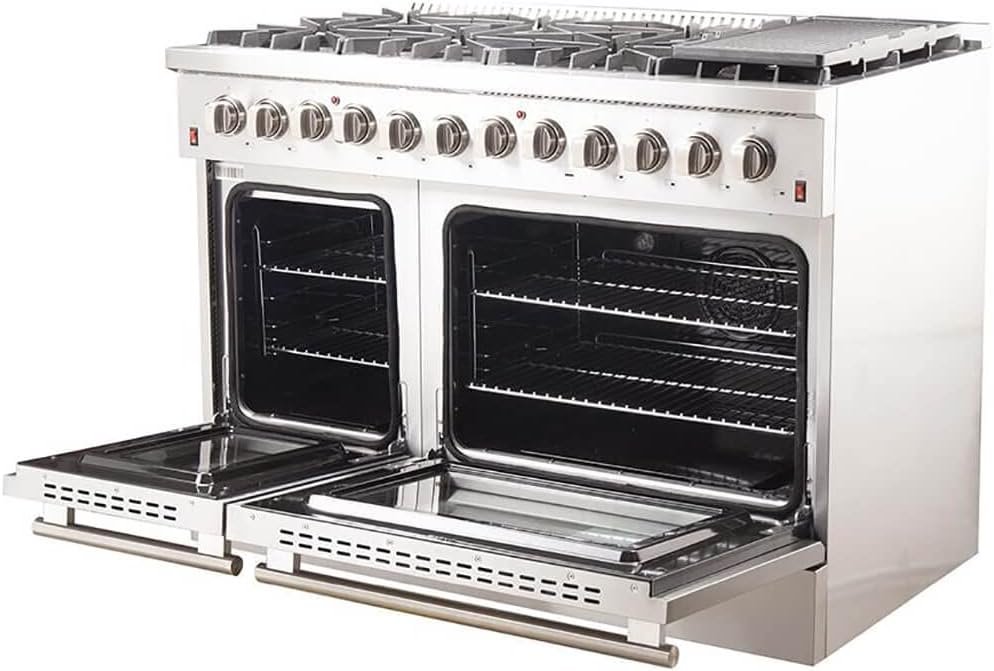FORNO Galiano Dual Fuel 48" Inch. Freestanding Range 8 Sealed Brass Burners Cooktop - 6.58 Cu. Ft. Double Convection Electric Oven - Stainless Steel Stove Range Heavy Duty Cast Iron Grates - Image 4