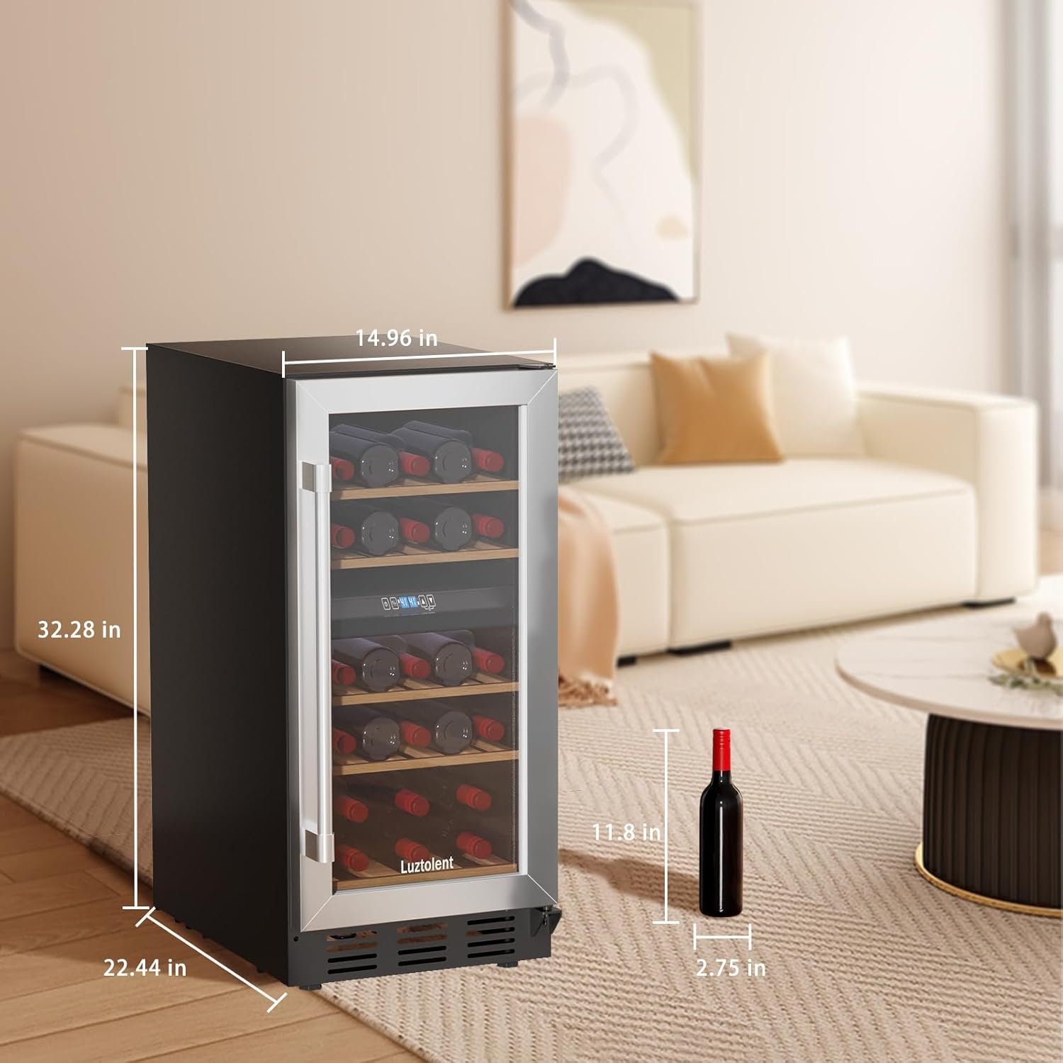26 Bottles Wine Cellar, 15 Inch Compressor Wine Cooler with Dual Zone, Built-in or Under Counter, 41-64°F Digital Touchscreen, Triple-Layer Glass, Wine Fridge in Cabinet - Image 6