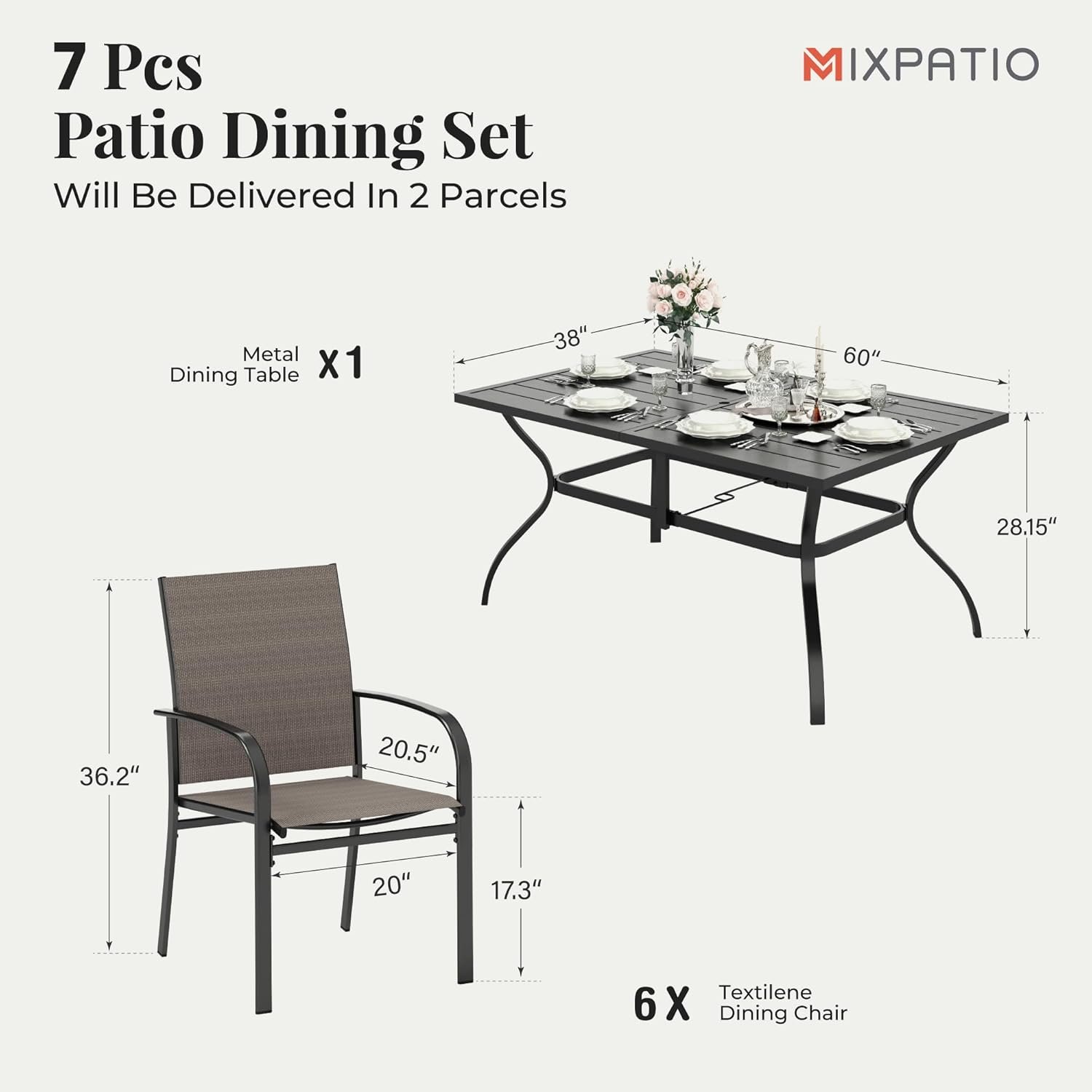 Patio Table and Chairs Set, Patio Dining Set for 6 with Brown Chairs and Metal Rectangular Table for Deck Backyard Lawn Poolside - Image 6