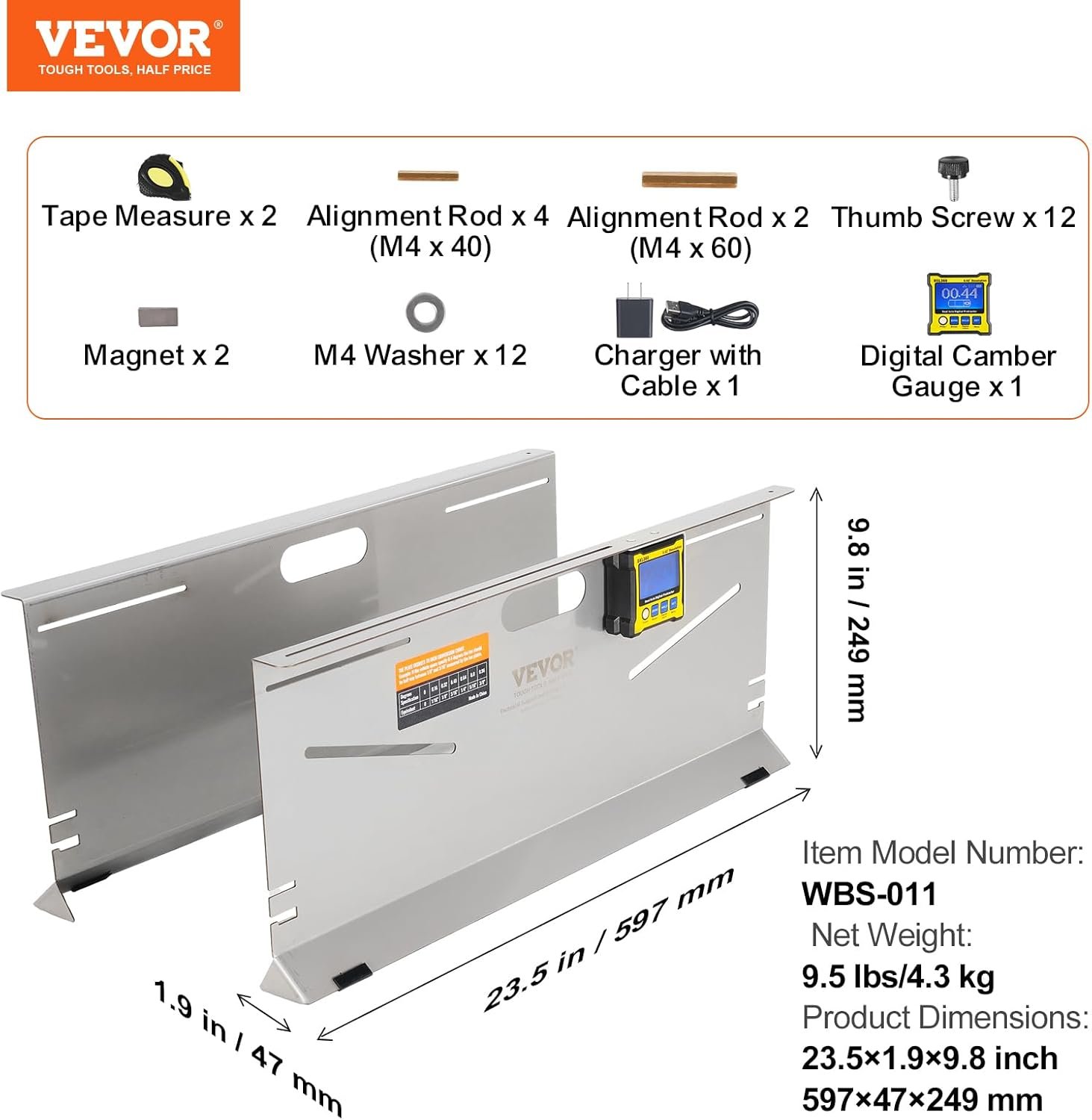 VEVOR Wheel Alignment Tool, 2-Pack Toe Plates, Camber/Caster/Toe Gauge 0.1° Accuracy, Stainless Steel Tool Plate, Magnetic Slots and 6 Alignment Rods, Includes 2 Measuring Tapes & Conversion Chart - Image 7