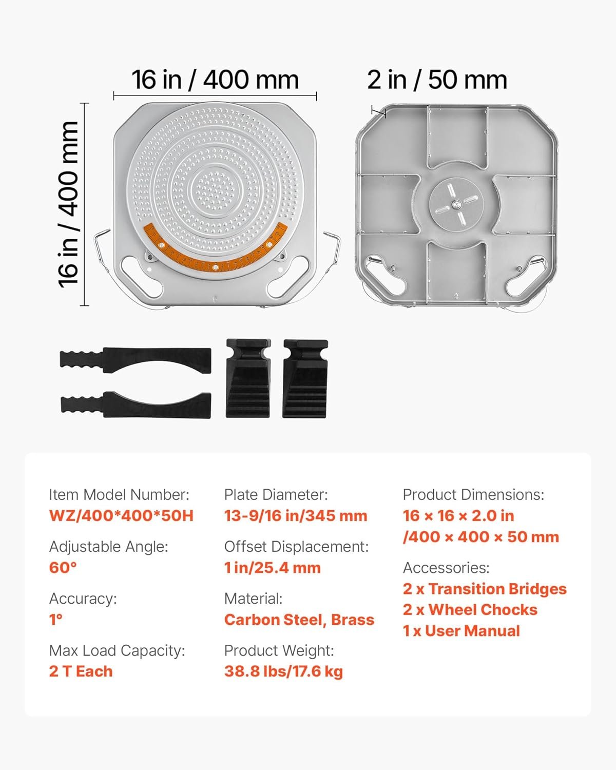 VEVOR Wheel Alignment Turn Plates, 4-Ton Capacity, Brass Dial Measurements, 360° Rotating Turntable Wheel Alignment Tool with Transition Bridge & Thrust Block for Car SUV Light Truck - Image 7