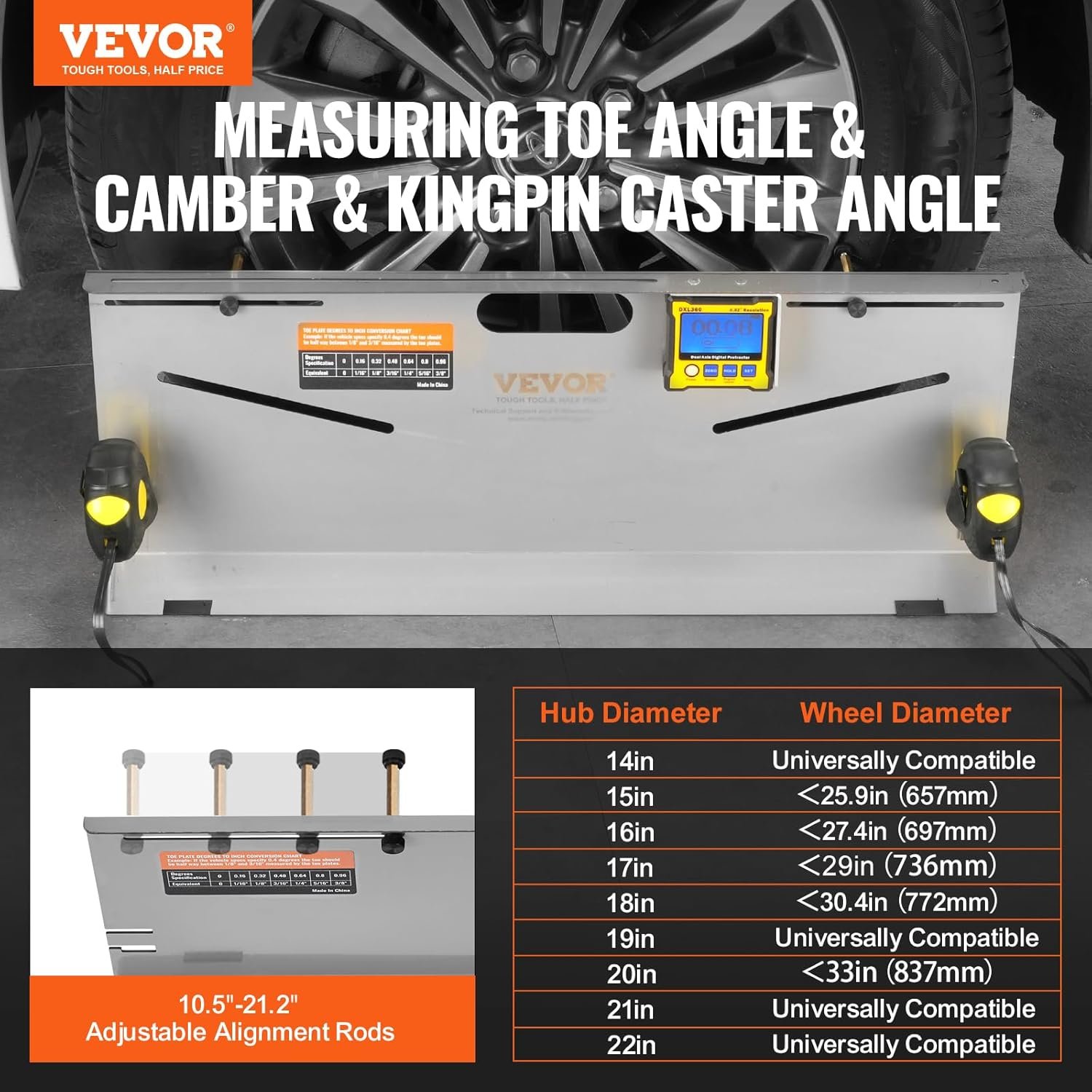 VEVOR Wheel Alignment Tool, 2-Pack Toe Plates, Camber/Caster/Toe Gauge 0.1° Accuracy, Stainless Steel Tool Plate, Magnetic Slots and 6 Alignment Rods, Includes 2 Measuring Tapes & Conversion Chart - Image 2