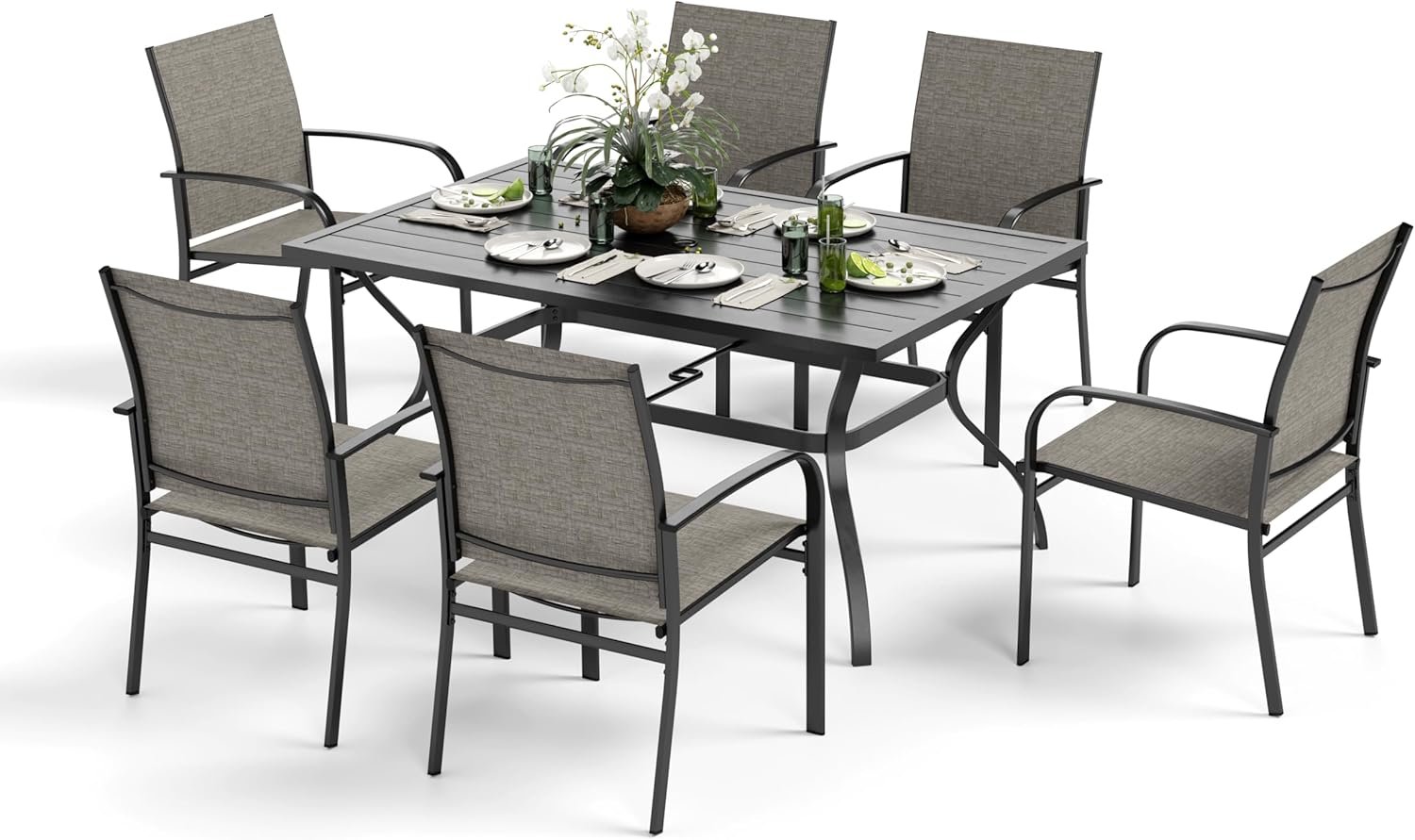 Patio Table and Chairs Set, Patio Dining Set for 6 with Brown Chairs and Metal Rectangular Table for Deck Backyard Lawn Poolside - Image 7