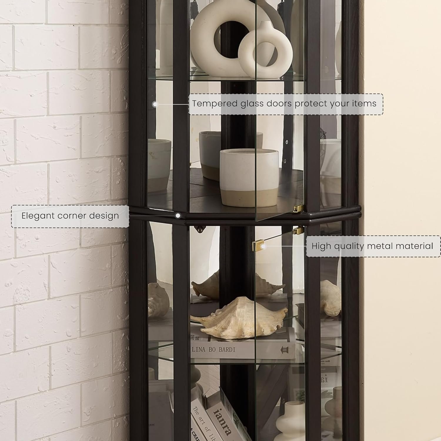 Corner Curio Cabinet, 70" H Lighted Glass Display Cage with Tempered Glass Doors and 5 Adjustable Shelves, Light Bulb Inclued, Wine Bar China Cabinet for Living Room (Black) - Image 4