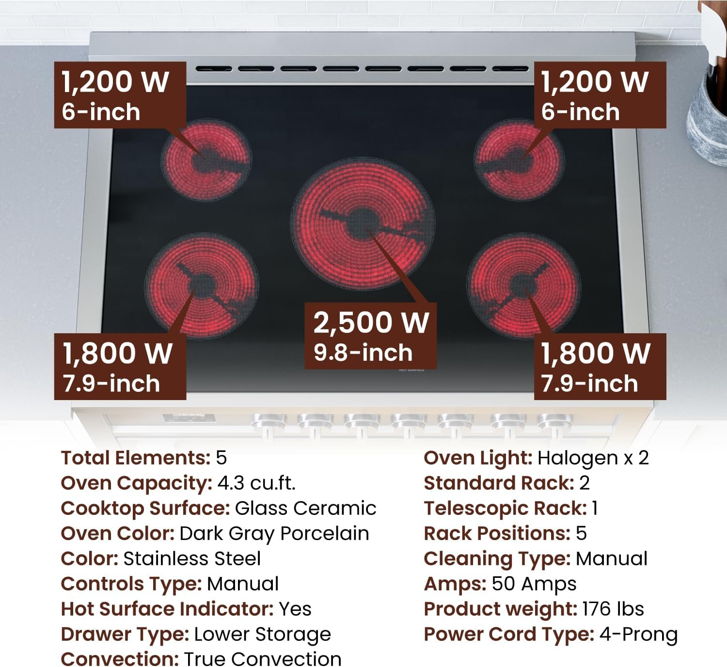 Rangaire RRE361TS 36" Electric Range Oven with Timer - Stainless Steel, Infrared Stove Burners, True Convection, Easy Reach Racks - Image 5