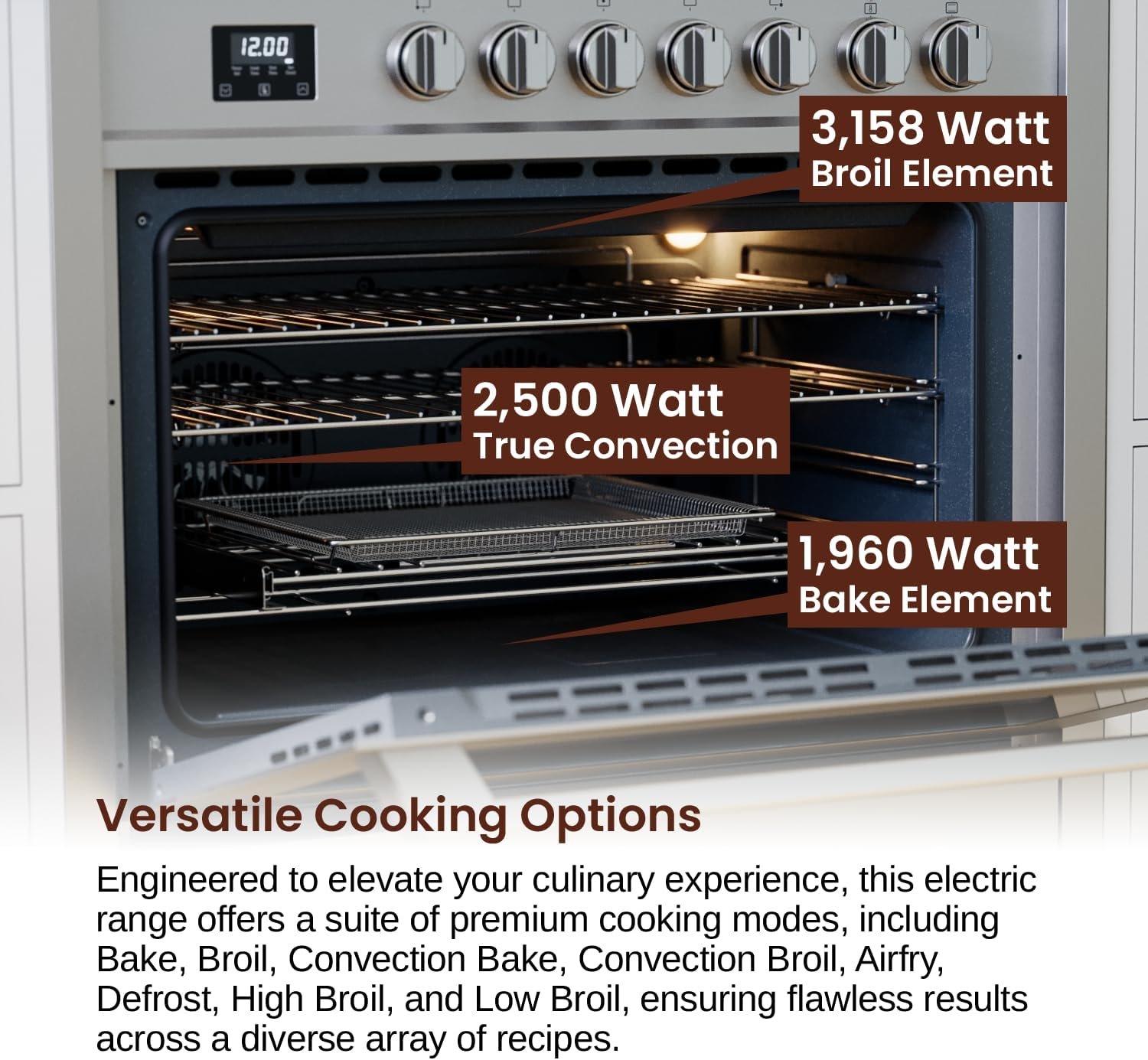 Rangaire RRE361TS 36" Electric Range Oven with Timer - Stainless Steel, Infrared Stove Burners, True Convection, Easy Reach Racks - Image 6