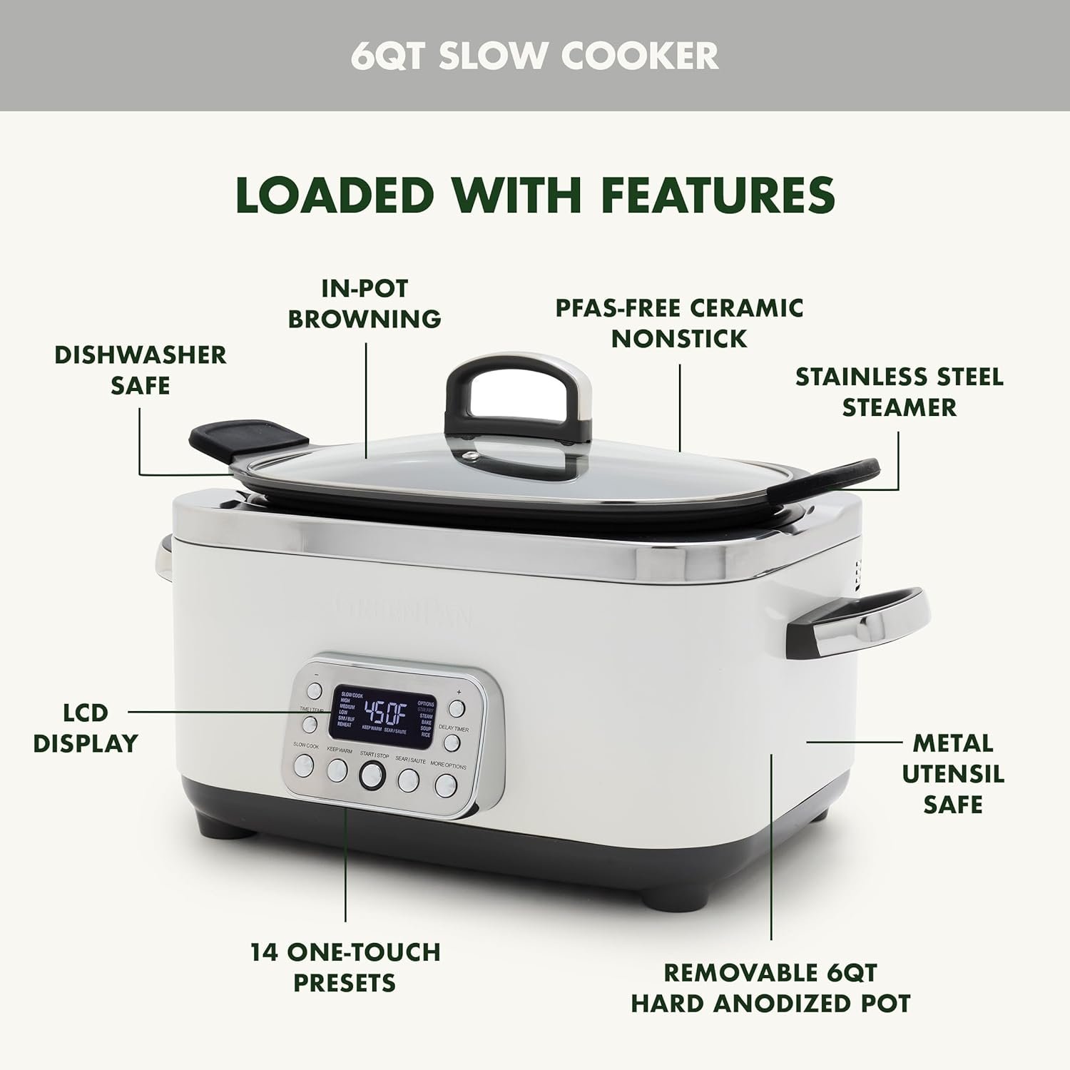 GreenPan Elite 14-in-1 Nonstick 6QT Electric Slow Cooker, PFAS-Free Ceramic Multi-Cooker, In-Pot Browning, Dishwasher Safe Lid & Removable Crock, Stainless Steel Steamer, Silicone Handles, White - Image 4