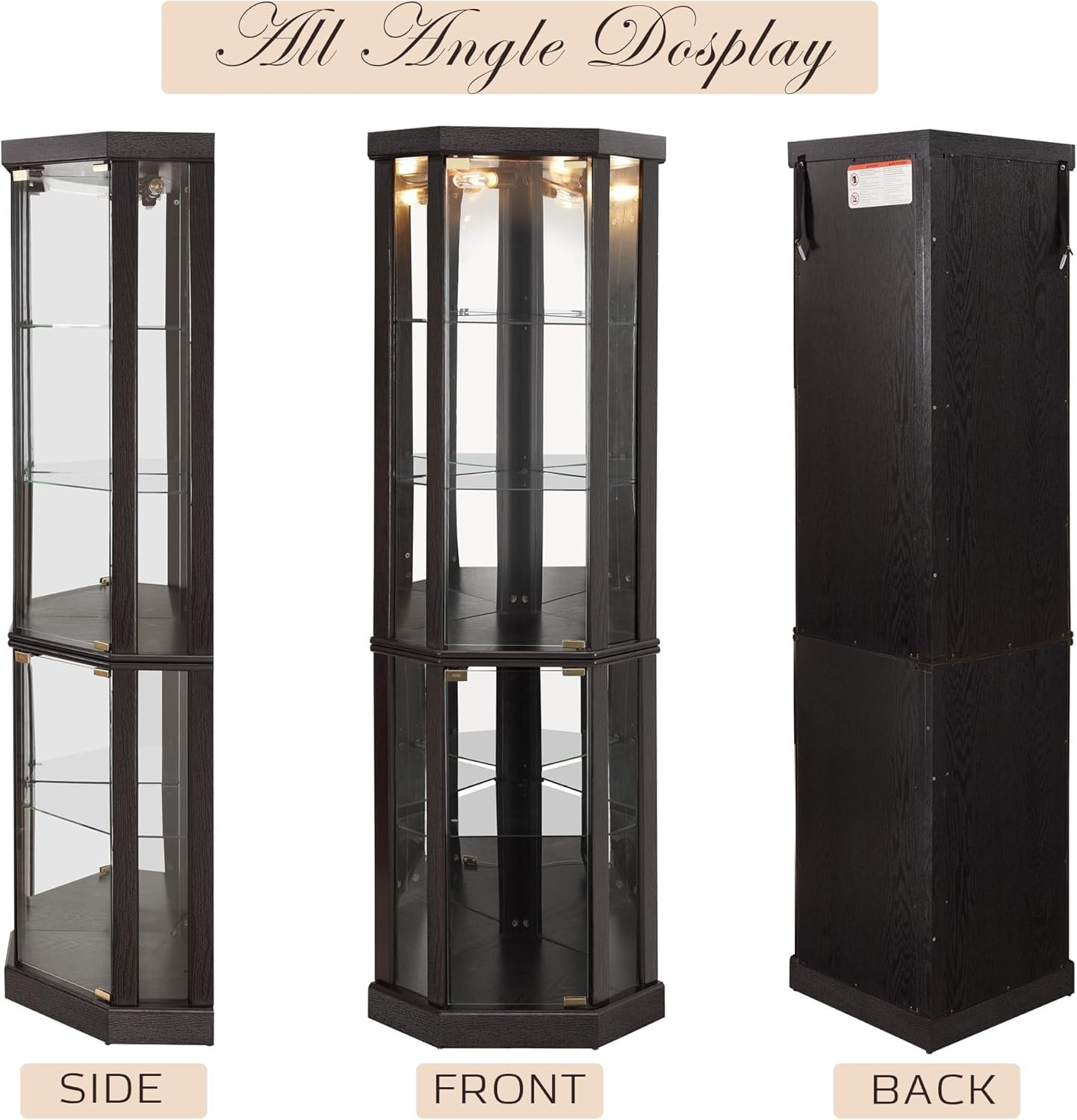 Corner Curio Cabinet, 70" H Lighted Glass Display Cage with Tempered Glass Doors and 5 Adjustable Shelves, Light Bulb Inclued, Wine Bar China Cabinet for Living Room (Black) - Image 8