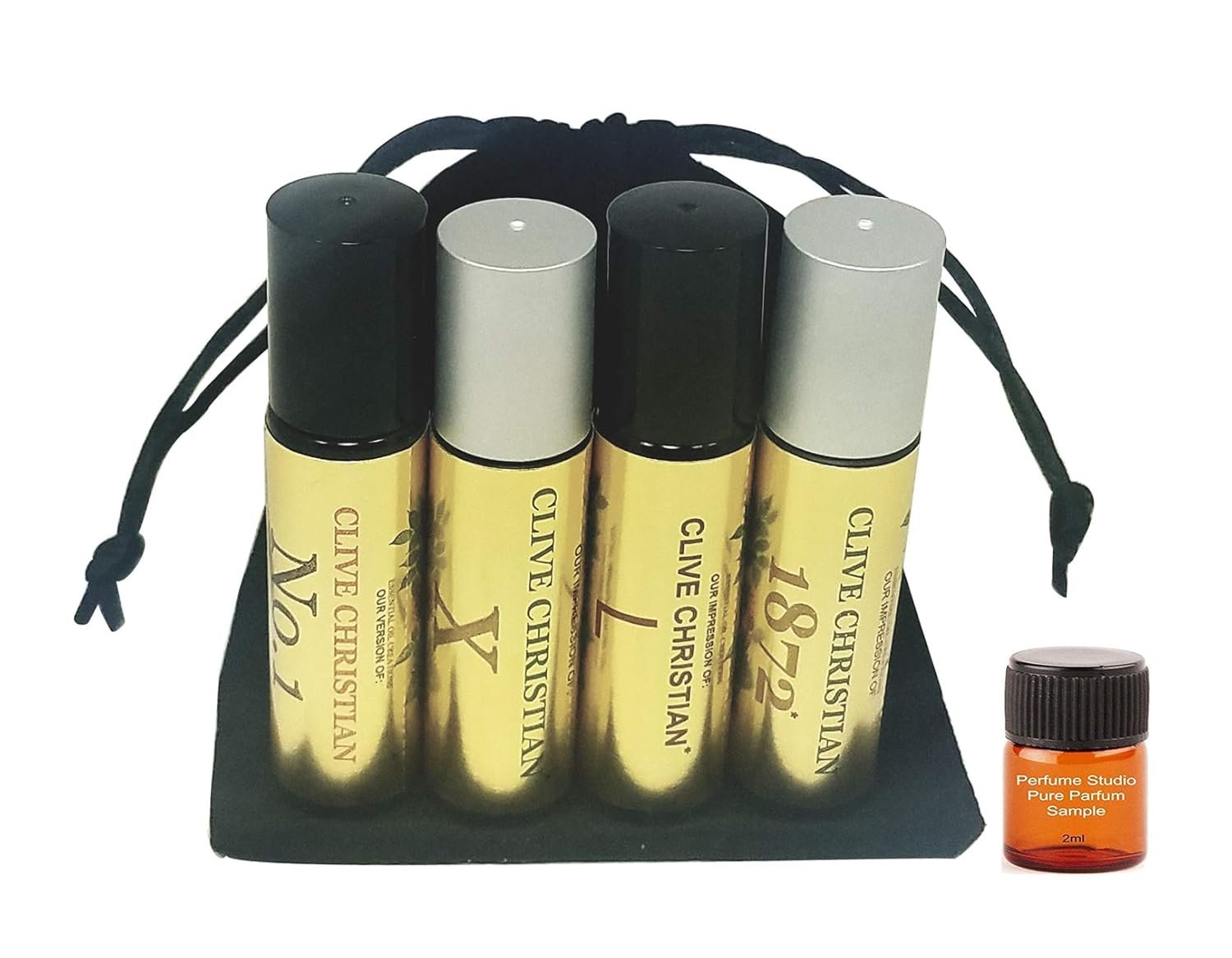 Fragrance Oil Impression; Premium Quality Clive Ch Oil for Men; 4-Piece Bundle Set (Clive No 1, X, 1872, L); 10ml Glass Roller Bottles; Plus Free 2ml Perfume Sample