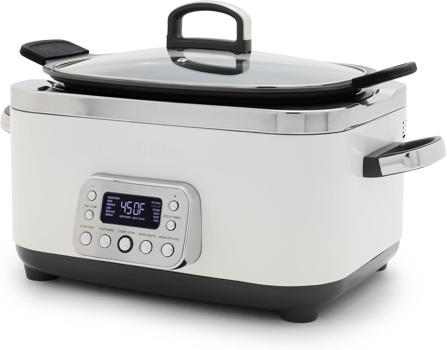 GreenPan Elite 14-in-1 Nonstick 6QT Electric Slow Cooker, PFAS-Free Ceramic Multi-Cooker, In-Pot Browning, Dishwasher Safe Lid & Removable Crock, Stainless Steel Steamer, Silicone Handles, White