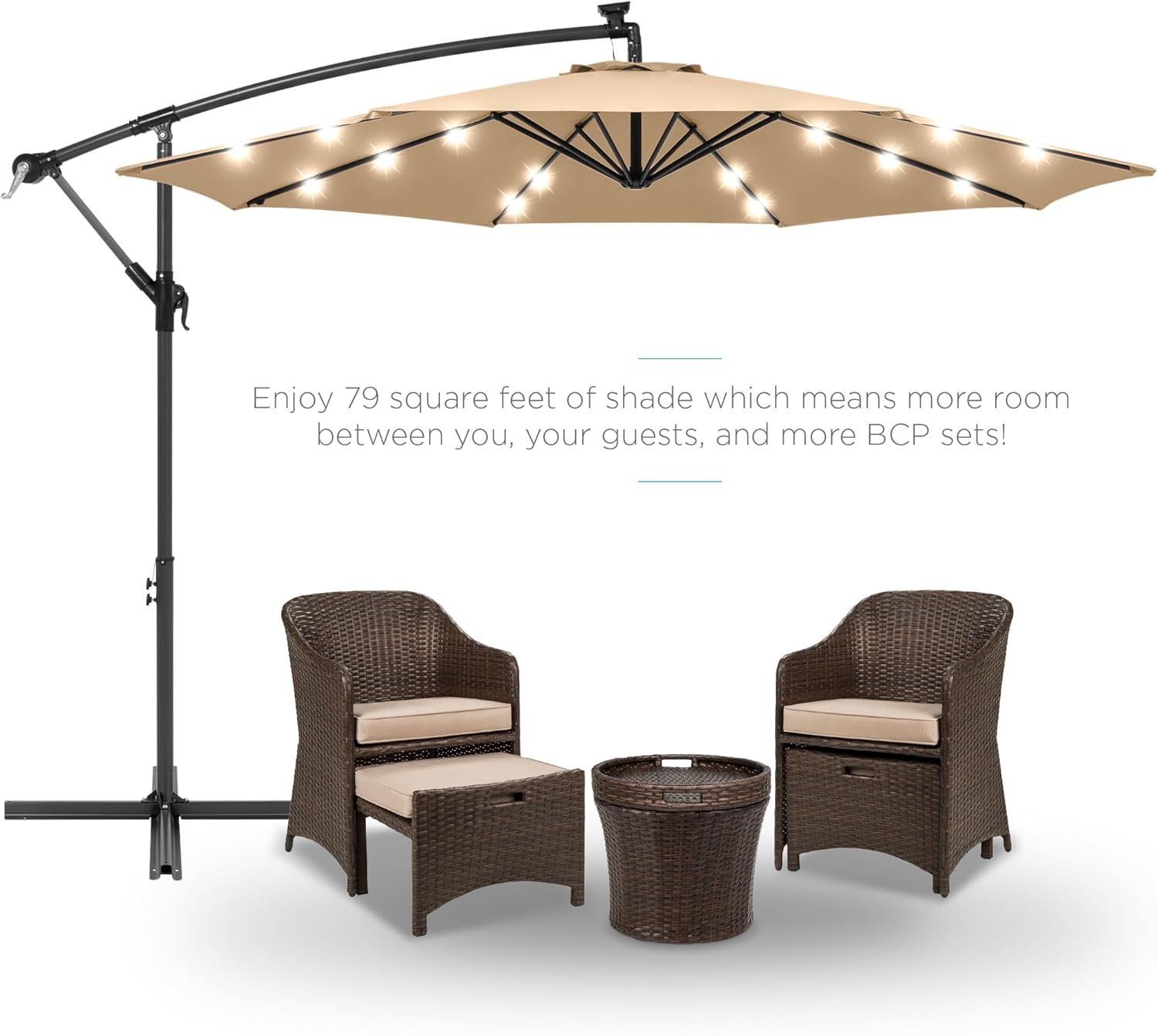 Best Choice Products 10ft Solar LED Offset Cantilever Hanging Market Patio Umbrella, 8 Sturdy Ribs, Easy Adjustment - Sand - Image 2