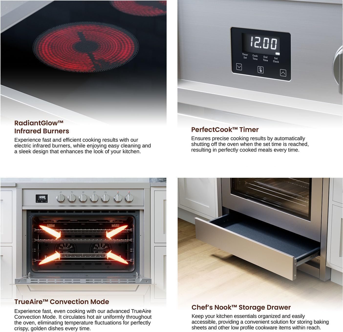 Rangaire RRE361TS 36" Electric Range Oven with Timer - Stainless Steel, Infrared Stove Burners, True Convection, Easy Reach Racks - Image 4