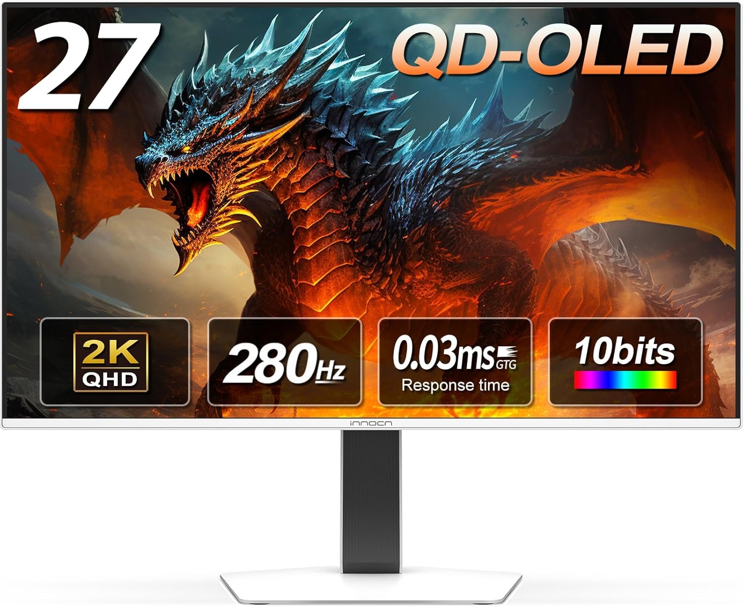 INNOCN 27" QD-OLED 2K QHD 2560 x 1440P 280Hz 240Hz PC Computer Gaming Console Monitor, 0.03ms, HDR400, HDMI, DisplayPort, Built-in Speaker, Height Pivot Adjustable Stand - 2780s