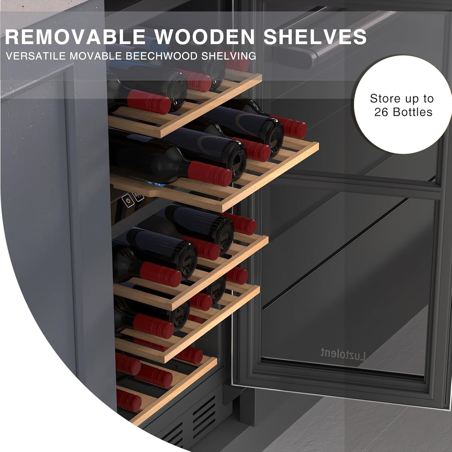 26 Bottles Wine Cellar, 15 Inch Compressor Wine Cooler with Dual Zone, Built-in or Under Counter, 41-64°F Digital Touchscreen, Triple-Layer Glass, Wine Fridge in Cabinet - Image 4