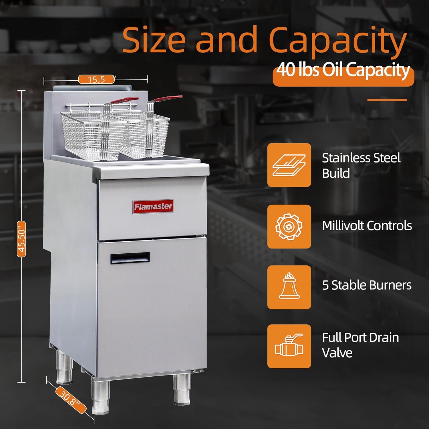 Commercial Gas Floor Fryer with 2 Baskets, 120000 BTU Natural Gas Fryer-Only Commercial Use, 4 Heating Tubes, 55 lb Oil Capacity Deep Fryer for Restaurants, Fast Food, Food Trucks - Image 7