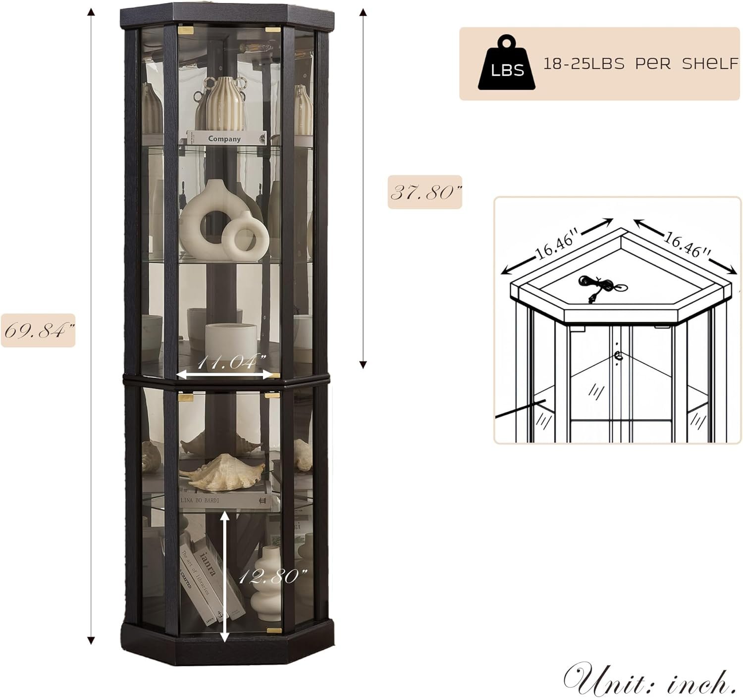Corner Curio Cabinet, 70" H Lighted Glass Display Cage with Tempered Glass Doors and 5 Adjustable Shelves, Light Bulb Inclued, Wine Bar China Cabinet for Living Room (Black) - Image 2