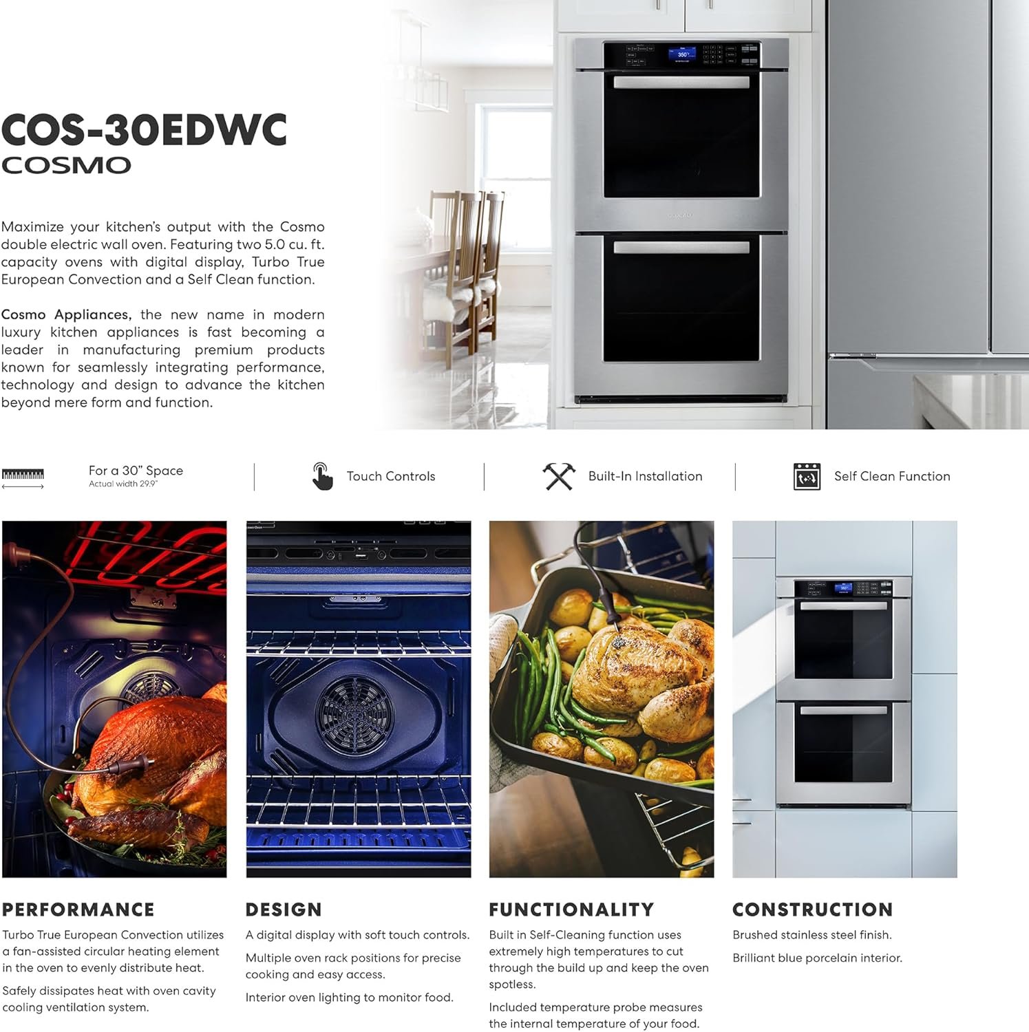 COSMO COS-30EDWC 30 in. Haven Collection Double Electric Wall Oven, True Convection, Blue Porcelain, Self Cleaning in Stainless Steel - Image 4