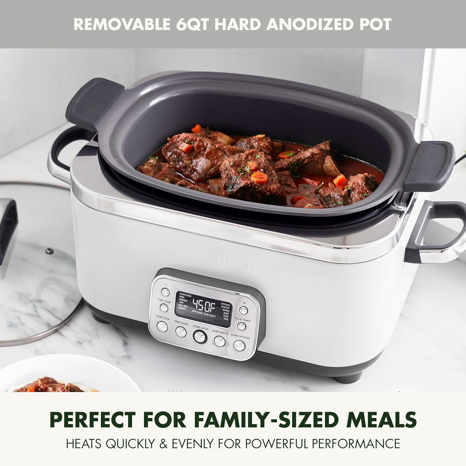 GreenPan Elite 14-in-1 Nonstick 6QT Electric Slow Cooker, PFAS-Free Ceramic Multi-Cooker, In-Pot Browning, Dishwasher Safe Lid & Removable Crock, Stainless Steel Steamer, Silicone Handles, White - Image 3