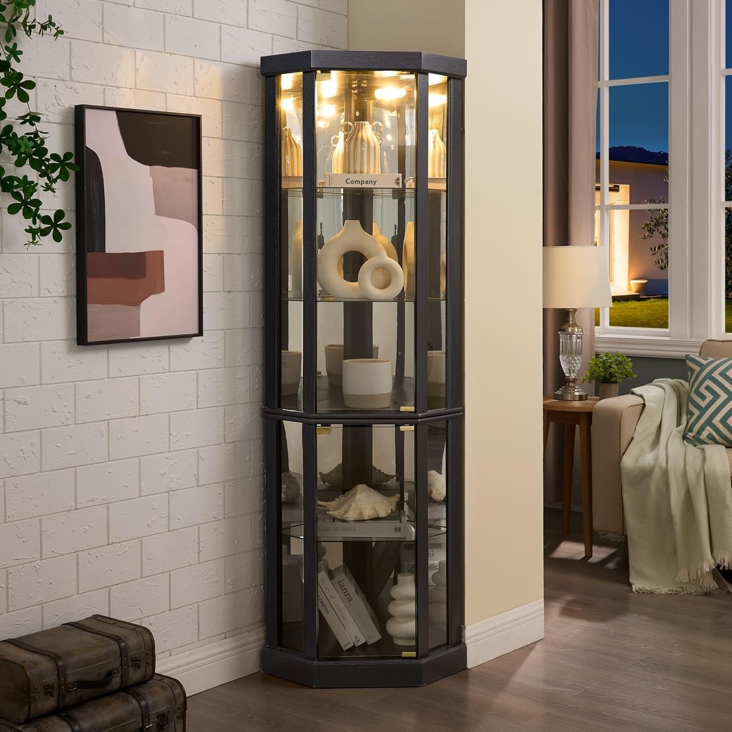 Corner Curio Cabinet, 70" H Lighted Glass Display Cage with Tempered Glass Doors and 5 Adjustable Shelves, Light Bulb Inclued, Wine Bar China Cabinet for Living Room (Black) - Image 3