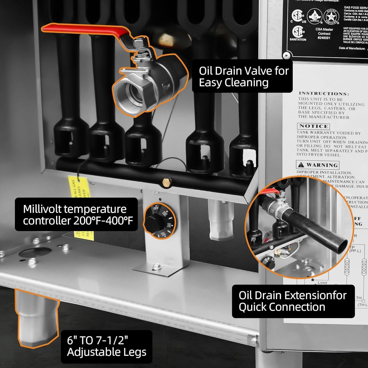 Commercial Gas Floor Fryer with 2 Baskets, 120000 BTU Natural Gas Fryer-Only Commercial Use, 4 Heating Tubes, 55 lb Oil Capacity Deep Fryer for Restaurants, Fast Food, Food Trucks - Image 6