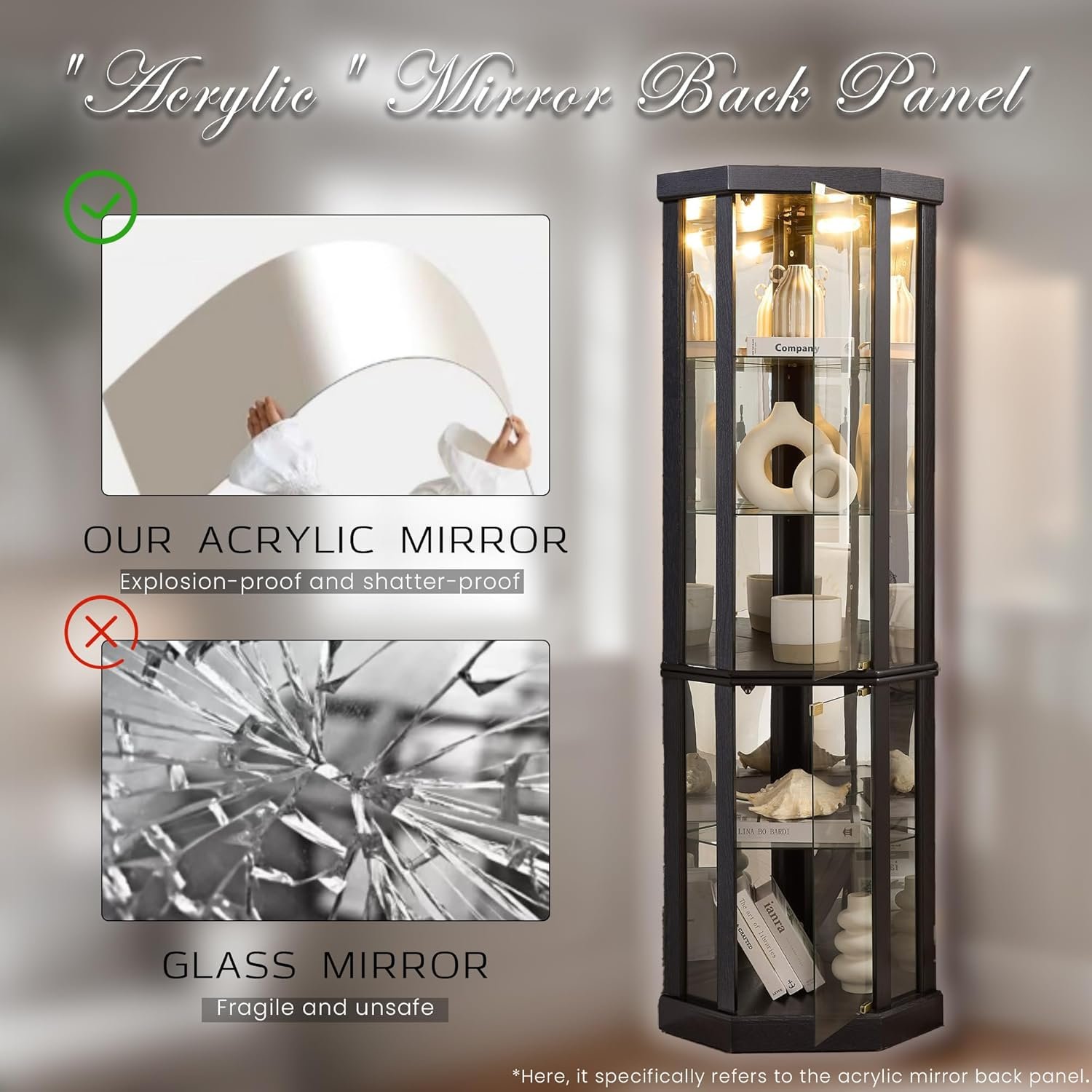 Corner Curio Cabinet, 70" H Lighted Glass Display Cage with Tempered Glass Doors and 5 Adjustable Shelves, Light Bulb Inclued, Wine Bar China Cabinet for Living Room (Black) - Image 6