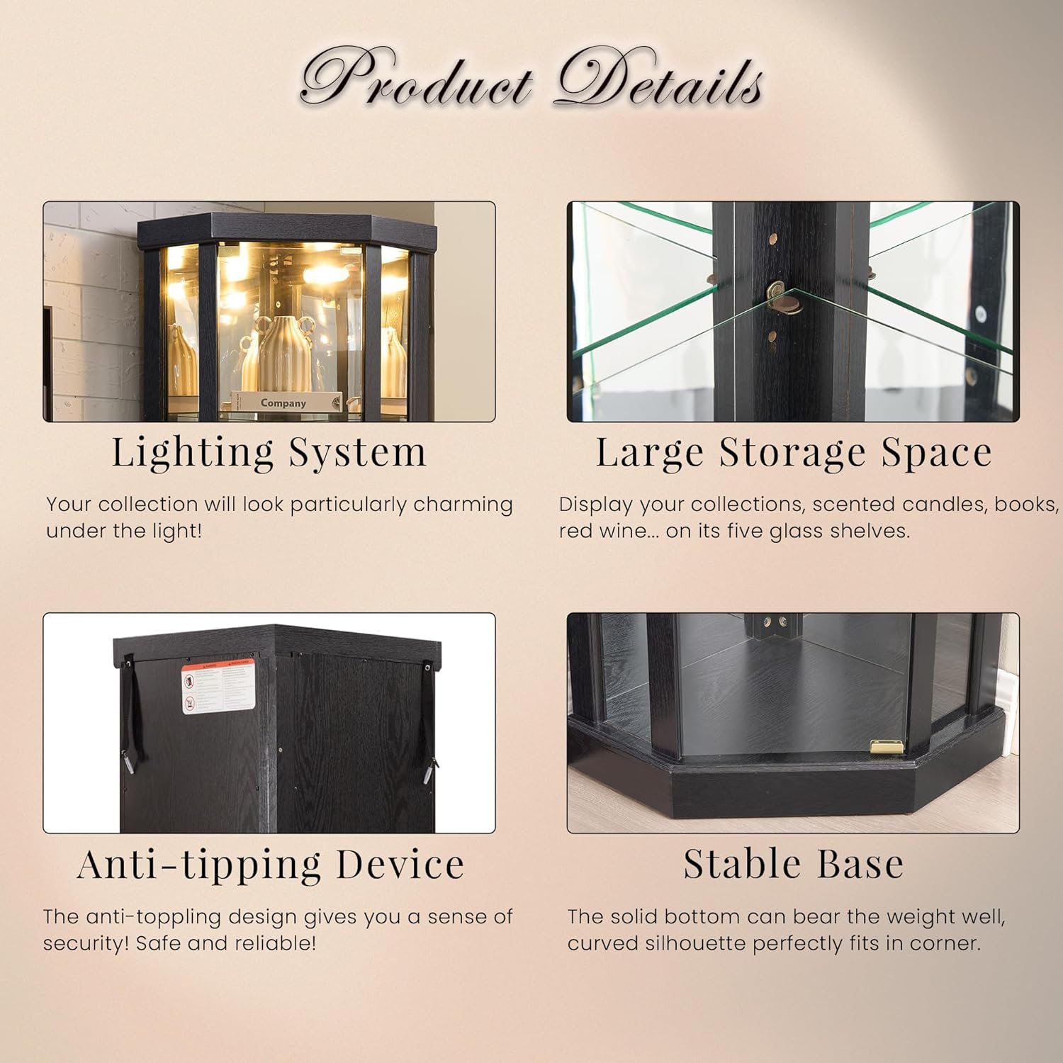 Corner Curio Cabinet, 70" H Lighted Glass Display Cage with Tempered Glass Doors and 5 Adjustable Shelves, Light Bulb Inclued, Wine Bar China Cabinet for Living Room (Black) - Image 5