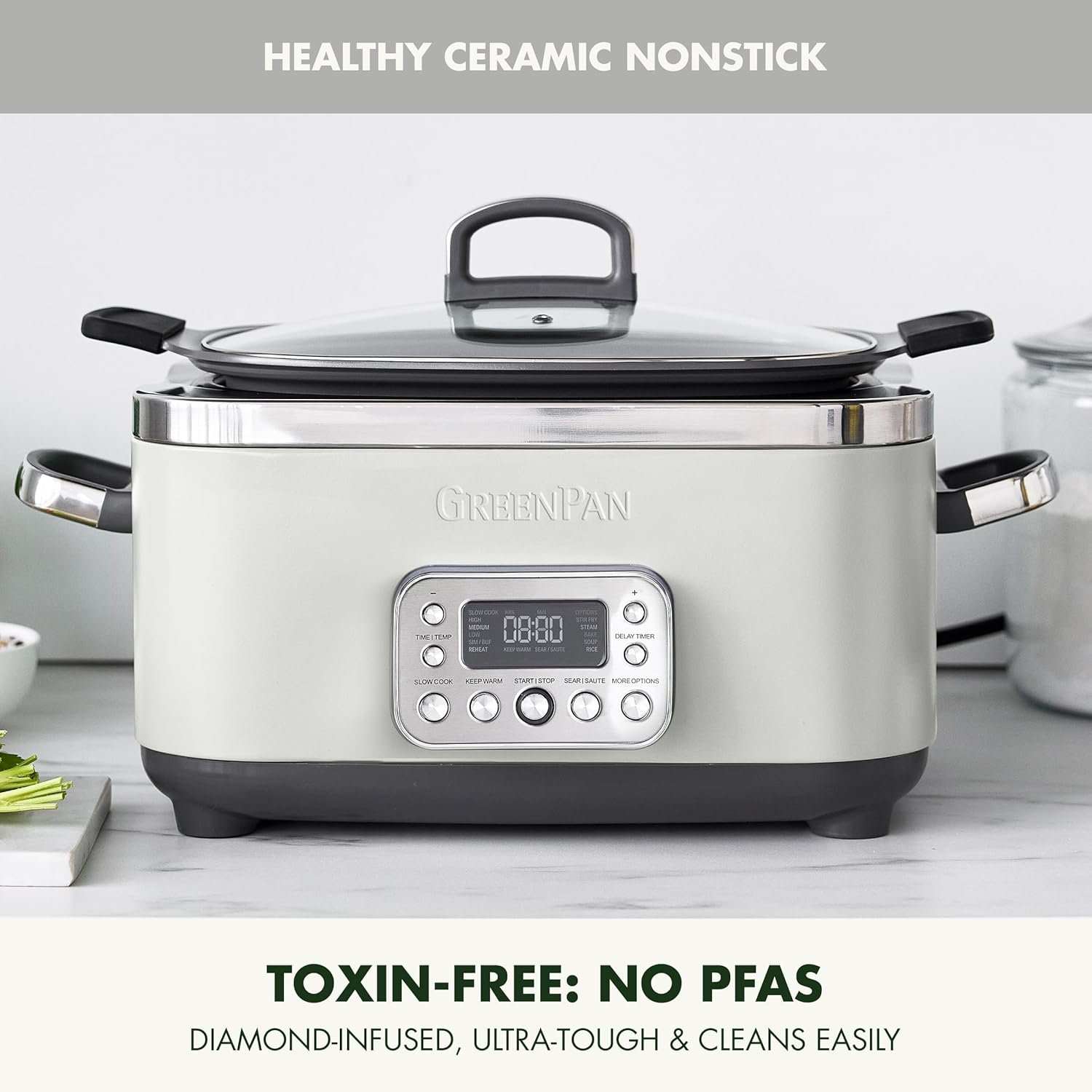 GreenPan Elite 14-in-1 Nonstick 6QT Electric Slow Cooker, PFAS-Free Ceramic Multi-Cooker, In-Pot Browning, Dishwasher Safe Lid & Removable Crock, Stainless Steel Steamer, Silicone Handles, White - Image 2