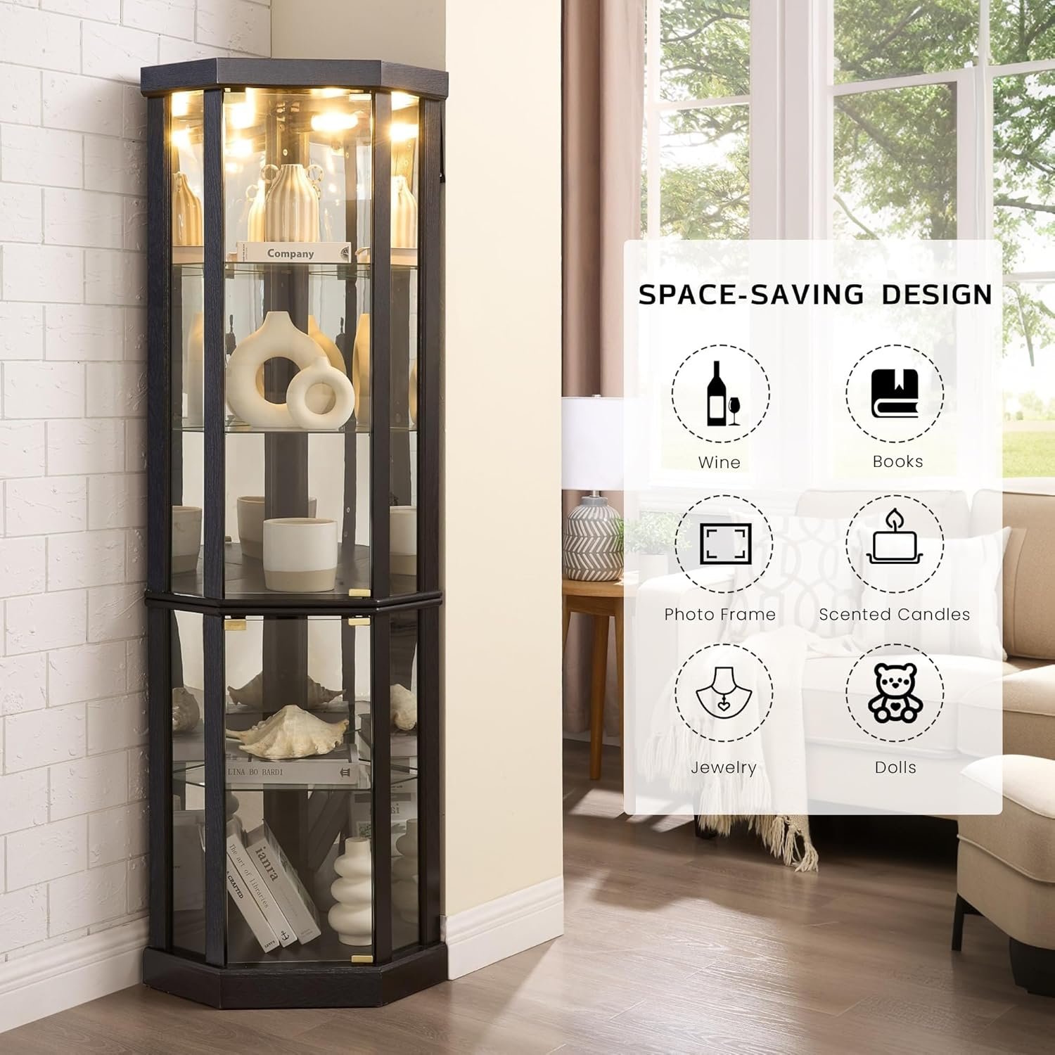 Corner Curio Cabinet, 70" H Lighted Glass Display Cage with Tempered Glass Doors and 5 Adjustable Shelves, Light Bulb Inclued, Wine Bar China Cabinet for Living Room (Black) - Image 9