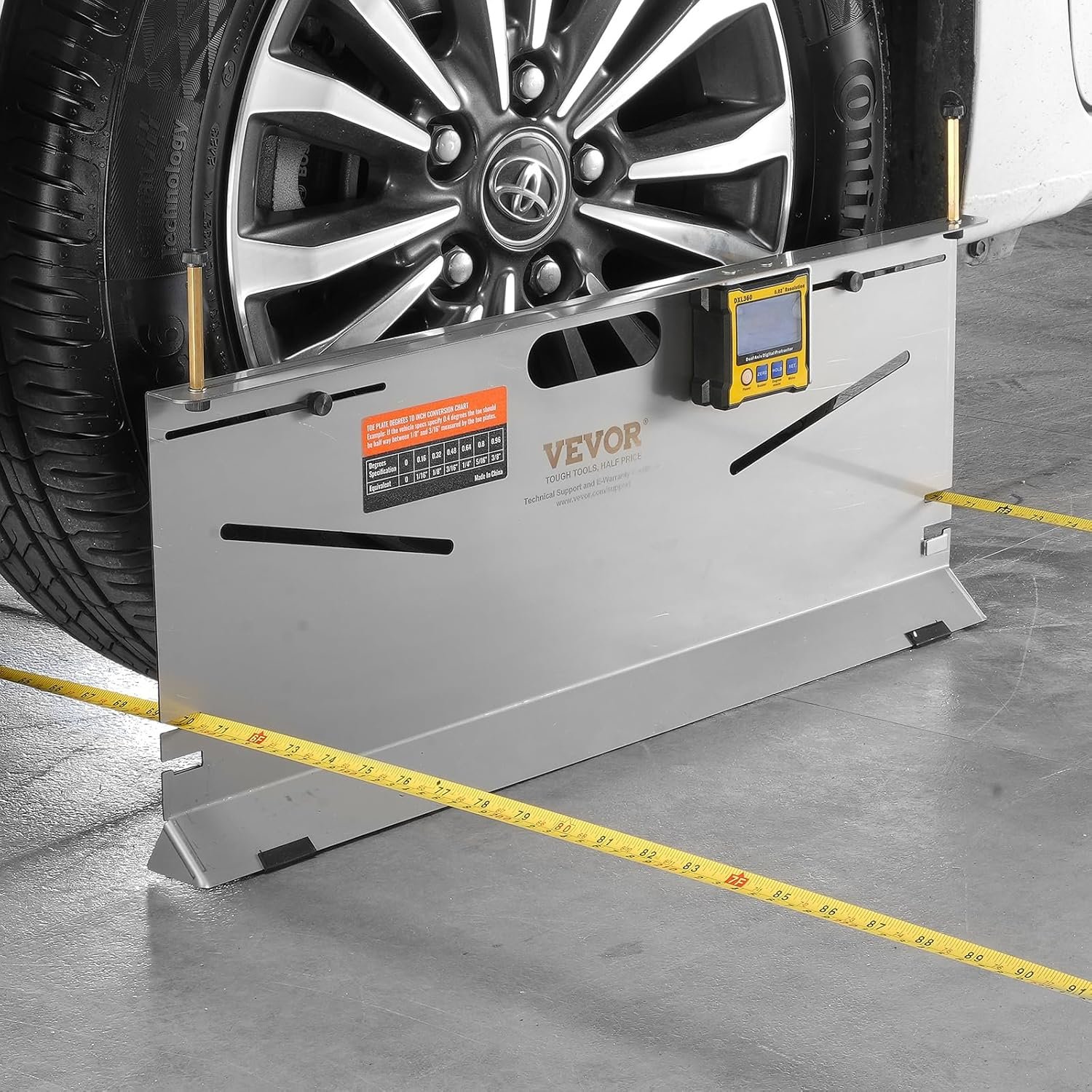 VEVOR Wheel Alignment Tool, 2-Pack Toe Plates, Camber/Caster/Toe Gauge 0.1° Accuracy, Stainless Steel Tool Plate, Magnetic Slots and 6 Alignment Rods, Includes 2 Measuring Tapes & Conversion Chart - Image 8