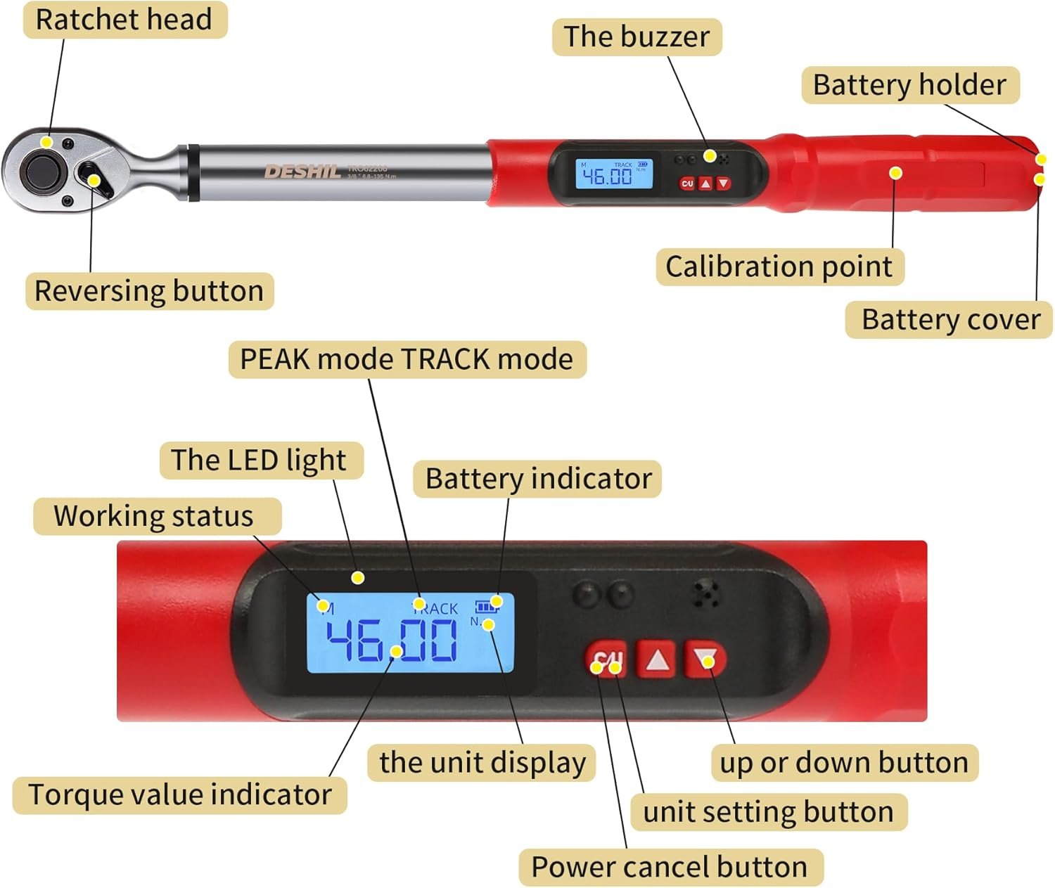 3/8 Inch Drive Professional Digital Torque Wrench 6.8-135N.M (5.02-99.57FT. LB), Electric Torque Wrench with Buzzer& LED Indicator& Preset Value& Data Storage, for Bike/Motorcycle/Auto Repair - Image 7