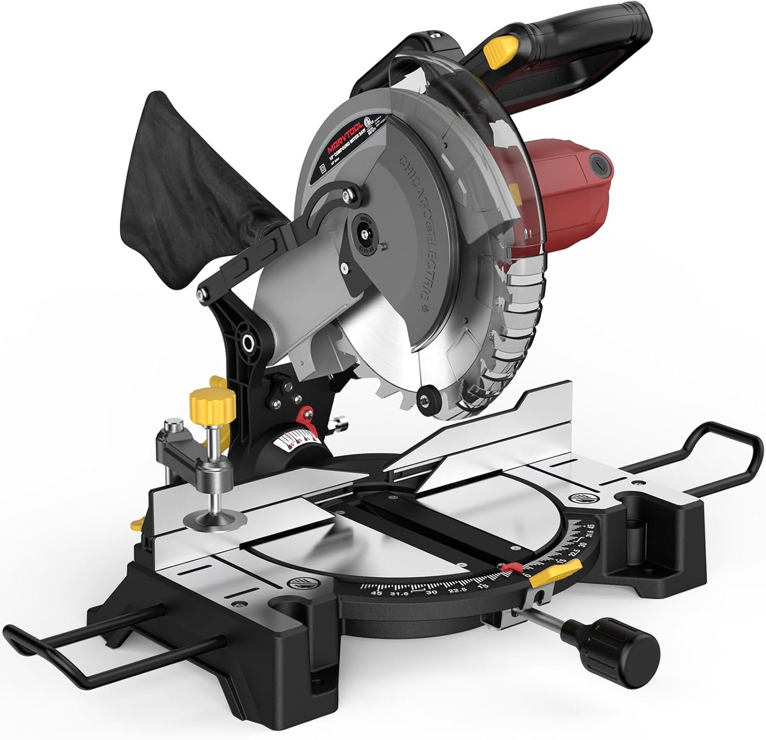 10-inch Compound Miter Saw, 5000RPM, 15 Amp, Single Bevel 0-45° with Extension Table, 36T Blade, Power Saw for Metal, Plastic, Wood, Laminates