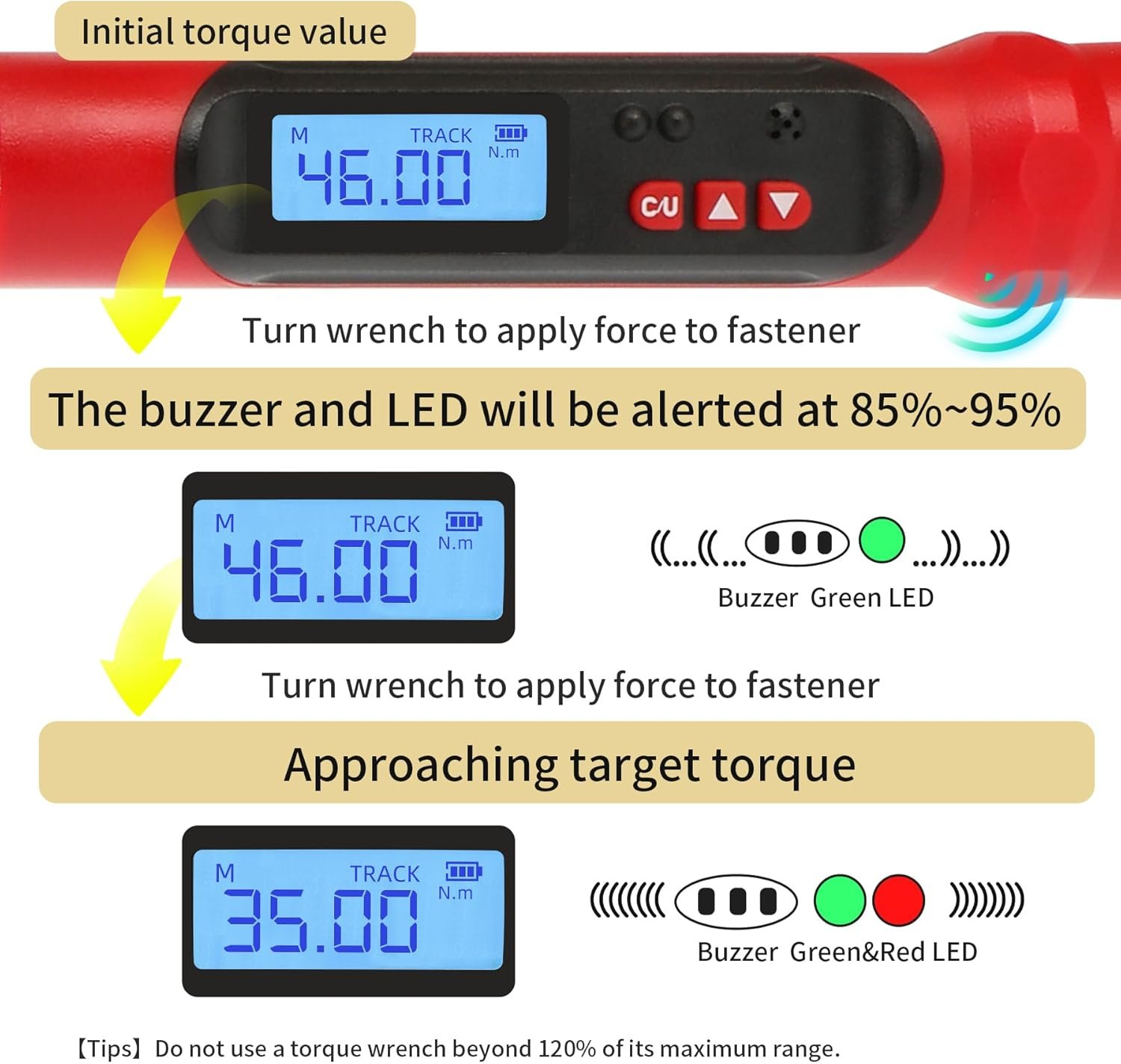 3/8 Inch Drive Professional Digital Torque Wrench 6.8-135N.M (5.02-99.57FT. LB), Electric Torque Wrench with Buzzer& LED Indicator& Preset Value& Data Storage, for Bike/Motorcycle/Auto Repair - Image 5
