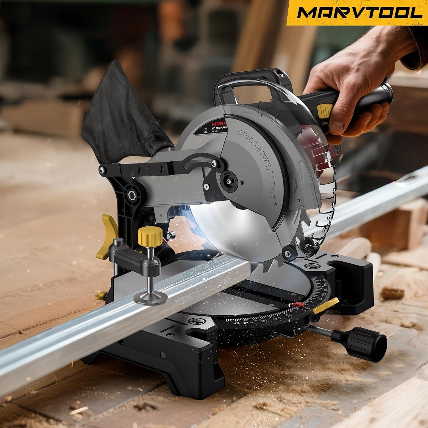 10-inch Compound Miter Saw, 5000RPM, 15 Amp, Single Bevel 0-45° with Extension Table, 36T Blade, Power Saw for Metal, Plastic, Wood, Laminates - Image 8