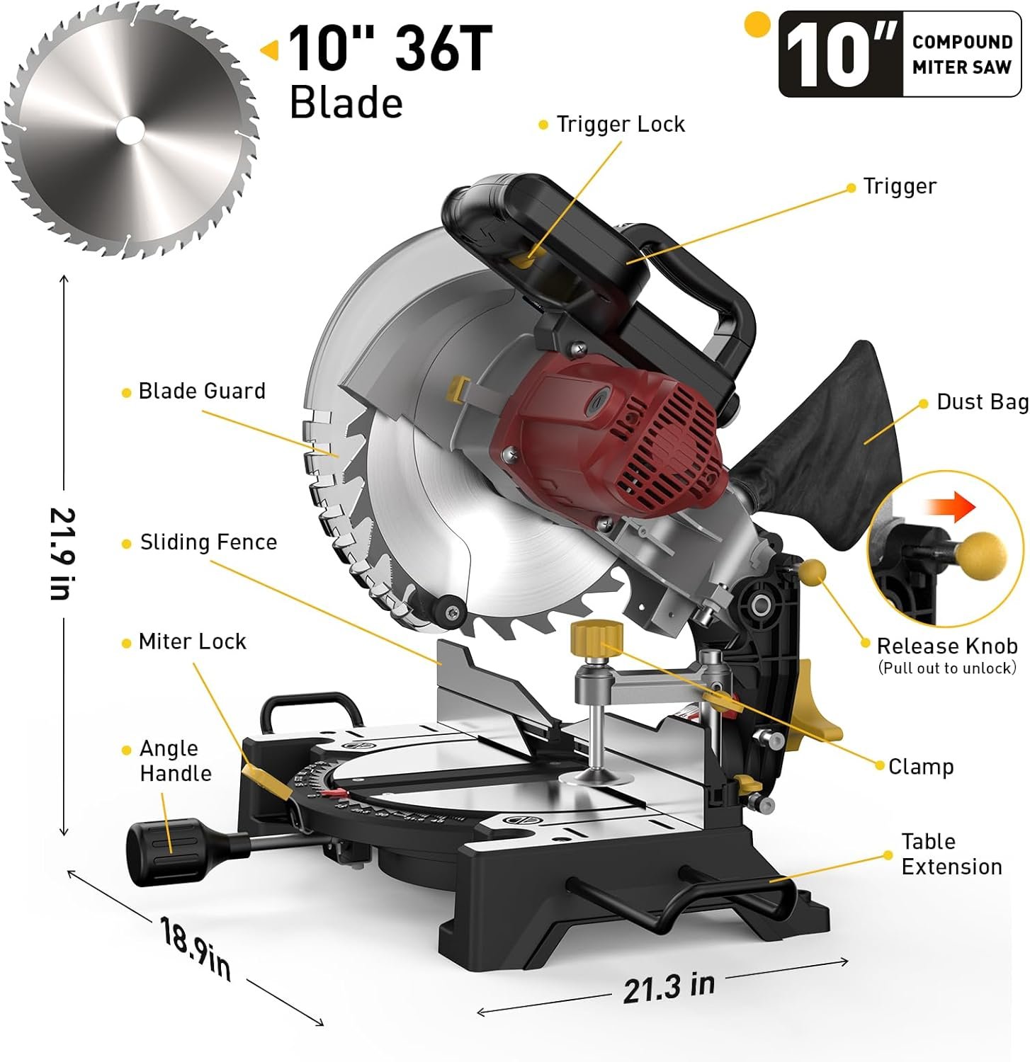 10-inch Compound Miter Saw, 5000RPM, 15 Amp, Single Bevel 0-45° with Extension Table, 36T Blade, Power Saw for Metal, Plastic, Wood, Laminates - Image 3