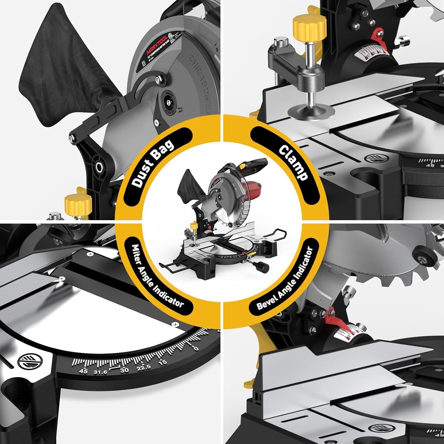 10-inch Compound Miter Saw, 5000RPM, 15 Amp, Single Bevel 0-45° with Extension Table, 36T Blade, Power Saw for Metal, Plastic, Wood, Laminates - Image 9