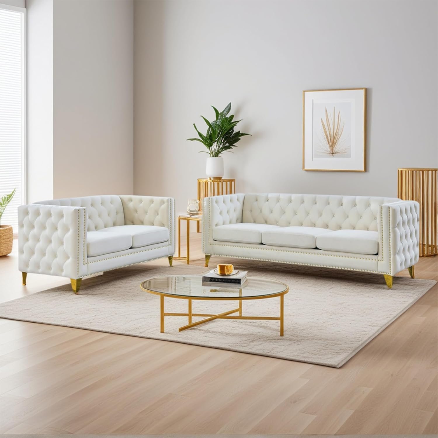 2 Piece Chesterfield Velvet Combination Sofa Set for Living Room,3-Seater and Loveseat Sofa Set Tufted Couch with 4 Pillows,Rolled Arms and Nailhead for Living Room, Bedroom, Office Beige