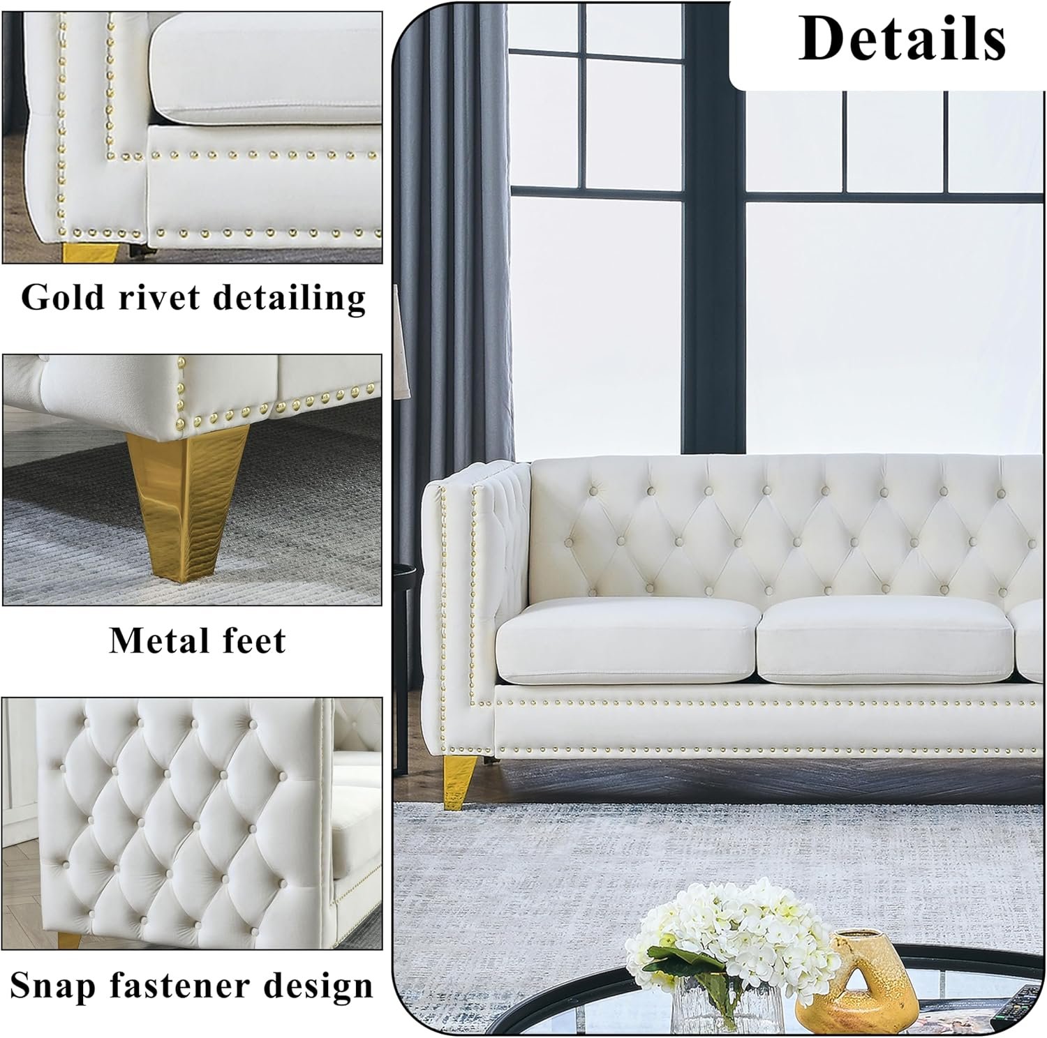 2 Piece Chesterfield Velvet Combination Sofa Set for Living Room,3-Seater and Loveseat Sofa Set Tufted Couch with 4 Pillows,Rolled Arms and Nailhead for Living Room, Bedroom, Office Beige - Image 5