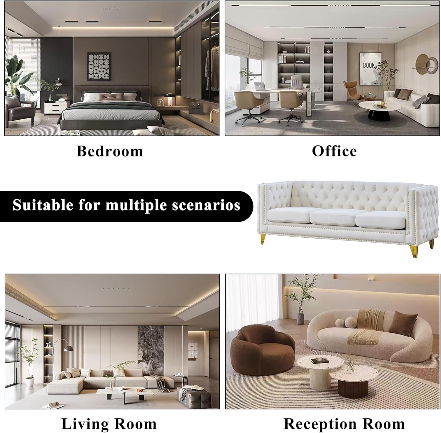 2 Piece Chesterfield Velvet Combination Sofa Set for Living Room,3-Seater and Loveseat Sofa Set Tufted Couch with 4 Pillows,Rolled Arms and Nailhead for Living Room, Bedroom, Office Beige - Image 6