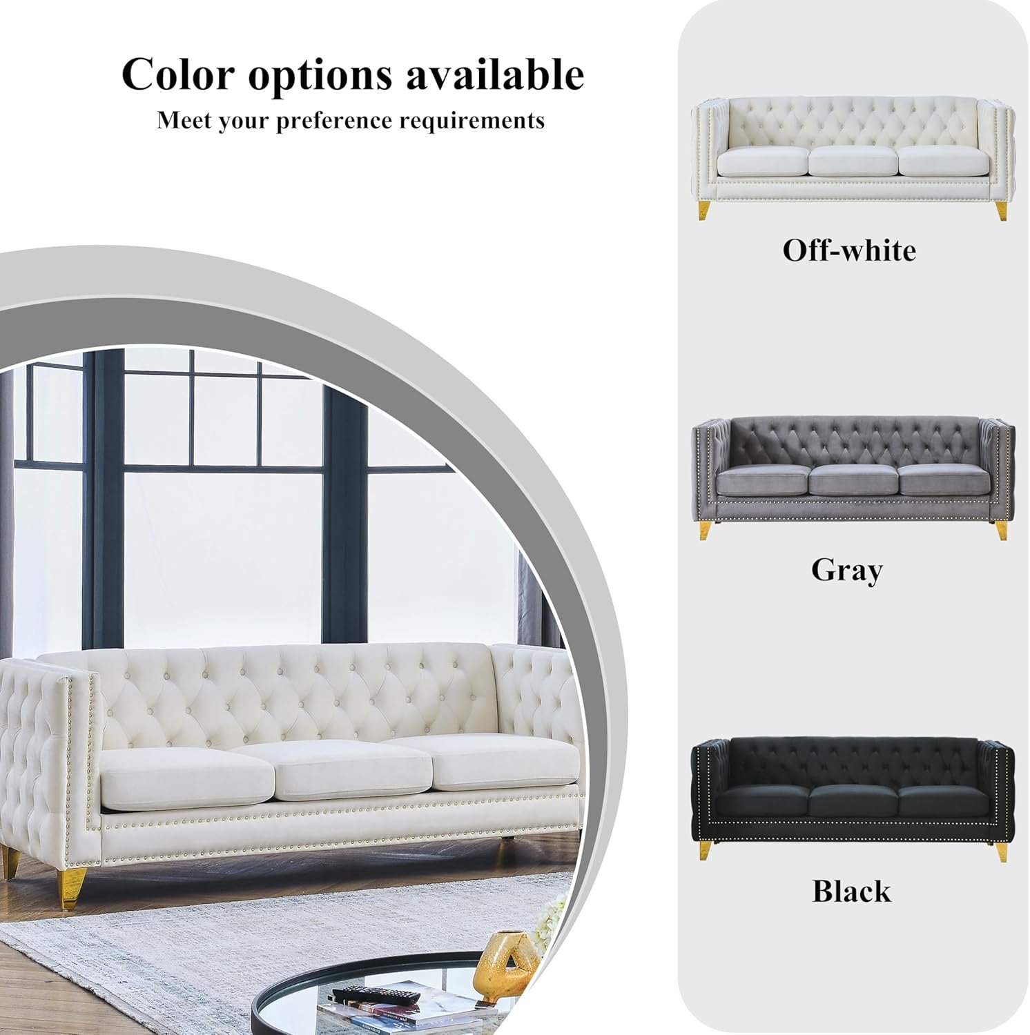 2 Piece Chesterfield Velvet Combination Sofa Set for Living Room,3-Seater and Loveseat Sofa Set Tufted Couch with 4 Pillows,Rolled Arms and Nailhead for Living Room, Bedroom, Office Beige - Image 3