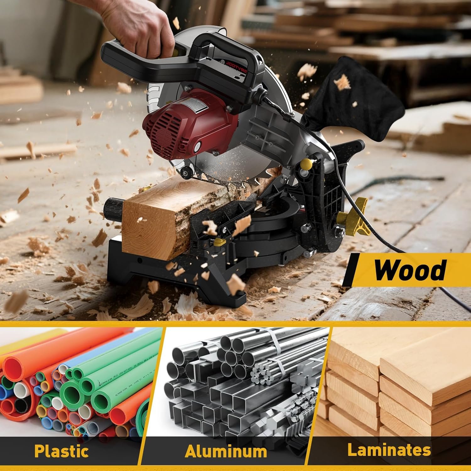 10-inch Compound Miter Saw, 5000RPM, 15 Amp, Single Bevel 0-45° with Extension Table, 36T Blade, Power Saw for Metal, Plastic, Wood, Laminates - Image 6