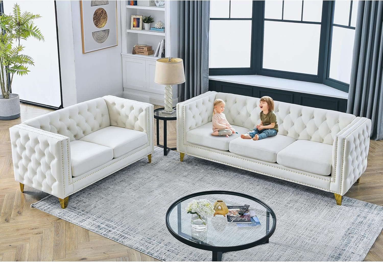 2 Piece Chesterfield Velvet Combination Sofa Set for Living Room,3-Seater and Loveseat Sofa Set Tufted Couch with 4 Pillows,Rolled Arms and Nailhead for Living Room, Bedroom, Office Beige - Image 7
